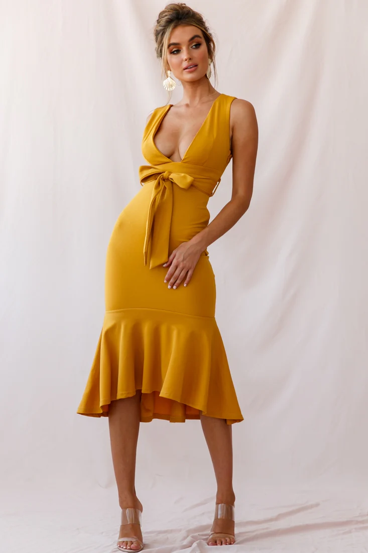 Sorry Not Sorry Wide Strap Flounce Dress Mustard - Image 6