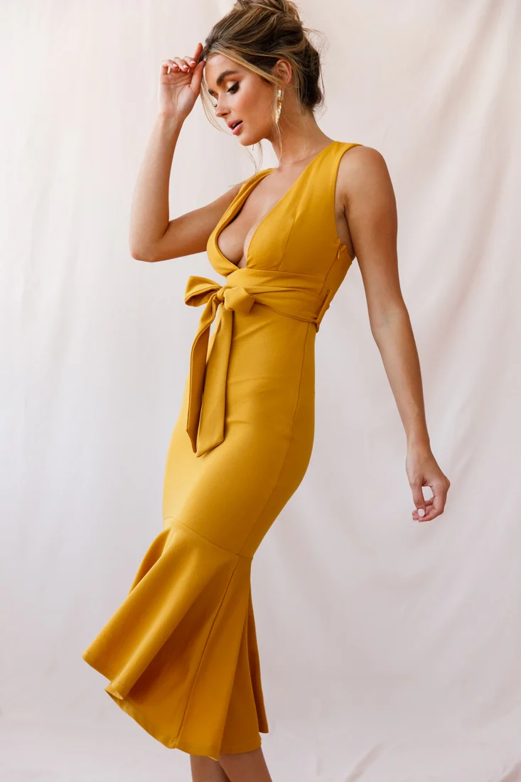 Sorry Not Sorry Wide Strap Flounce Dress Mustard - Image 8