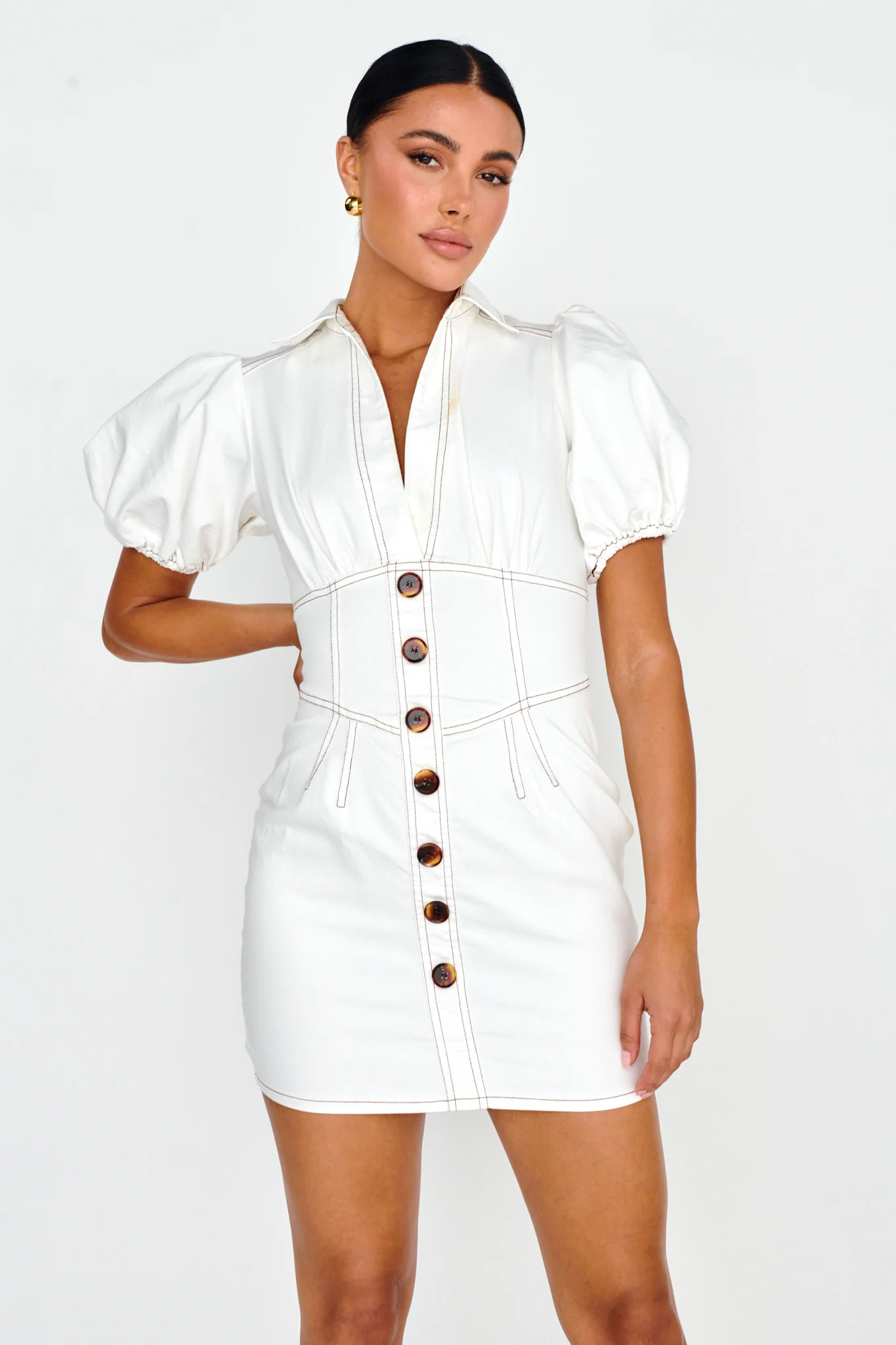 South Beach Puff Sleeve Collared Mini Dress White - Image 5