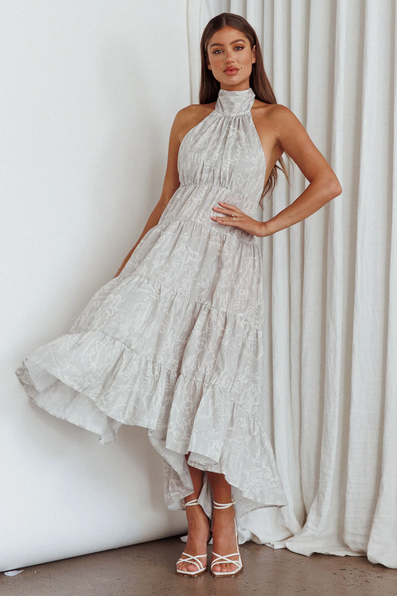 South Haven Halter Midi Dress Floral Beige - Image 3
