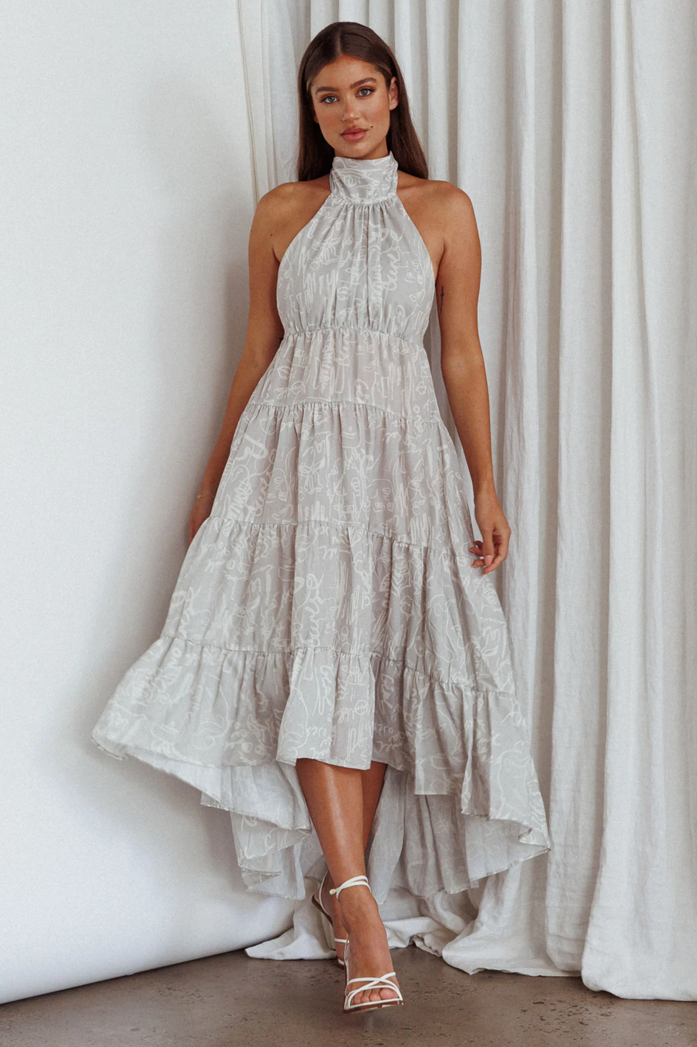 South Haven Halter Midi Dress Floral Beige - Image 4