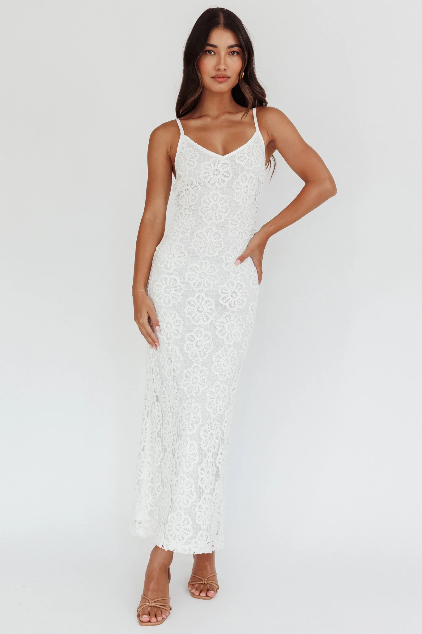 Spark Joy Floral Crochet Overlay Maxi Dress White - Image 5