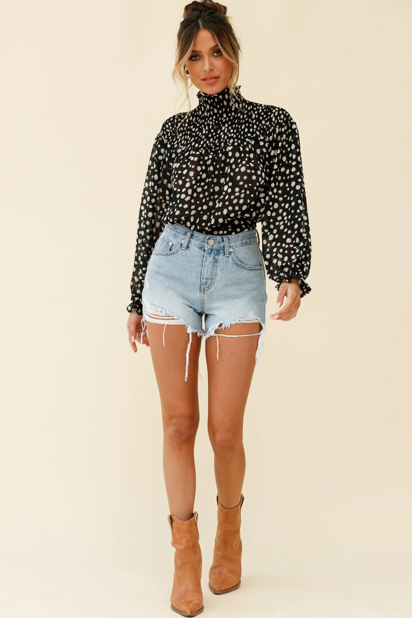 Sparrow High Neck Shirred Blouse Spot Print Black - Image 3