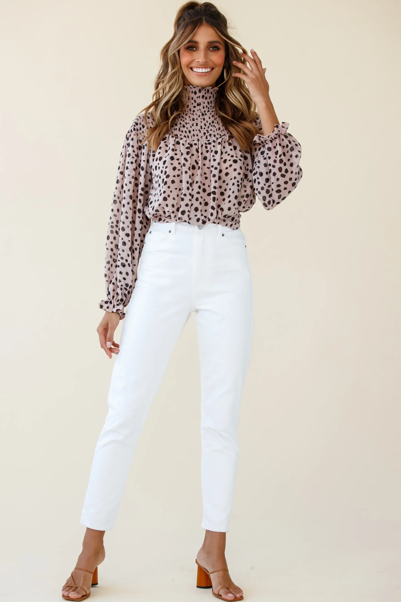 Sparrow High Neck Shirred Blouse Spot Print Dusty Pink - Image 2