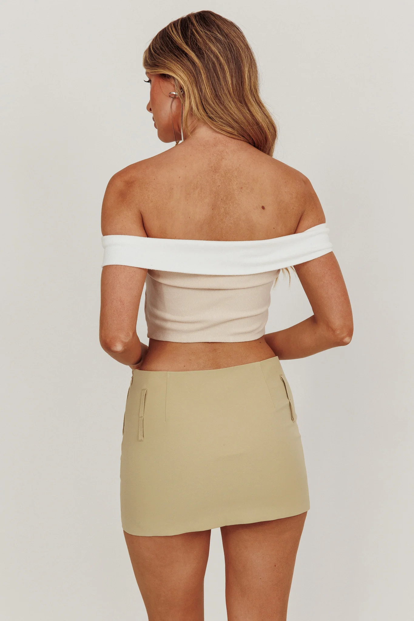 Spill The Tea Off-Shoulder Top Beige/White - Image 3