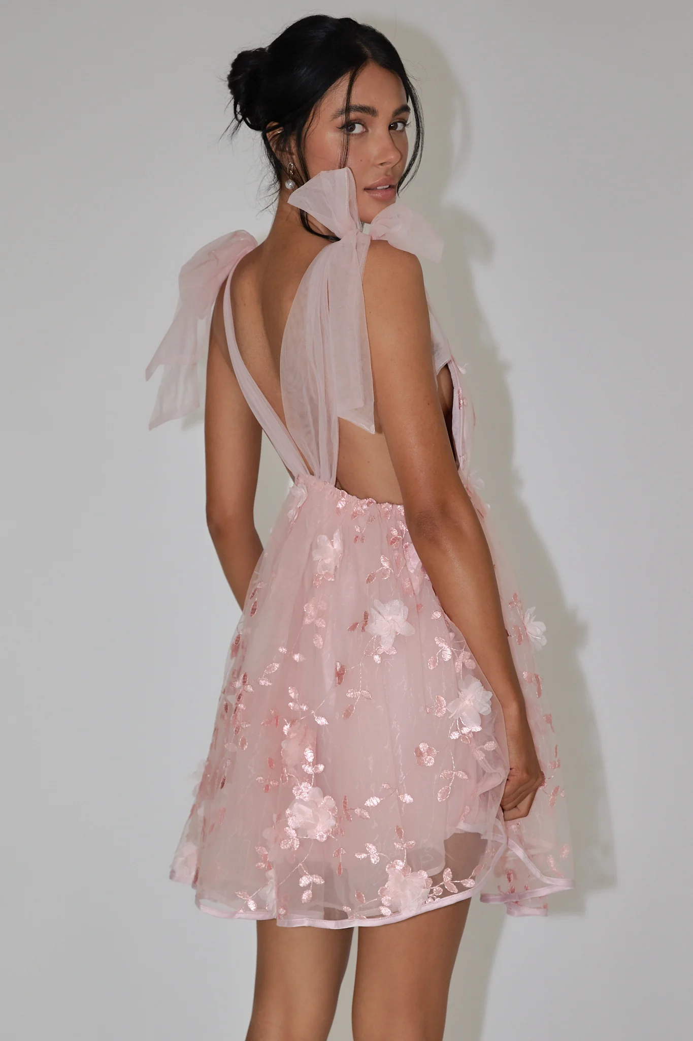Spring Bloom Tied Shoulder Embellished Mini Dress Pink - Image 2