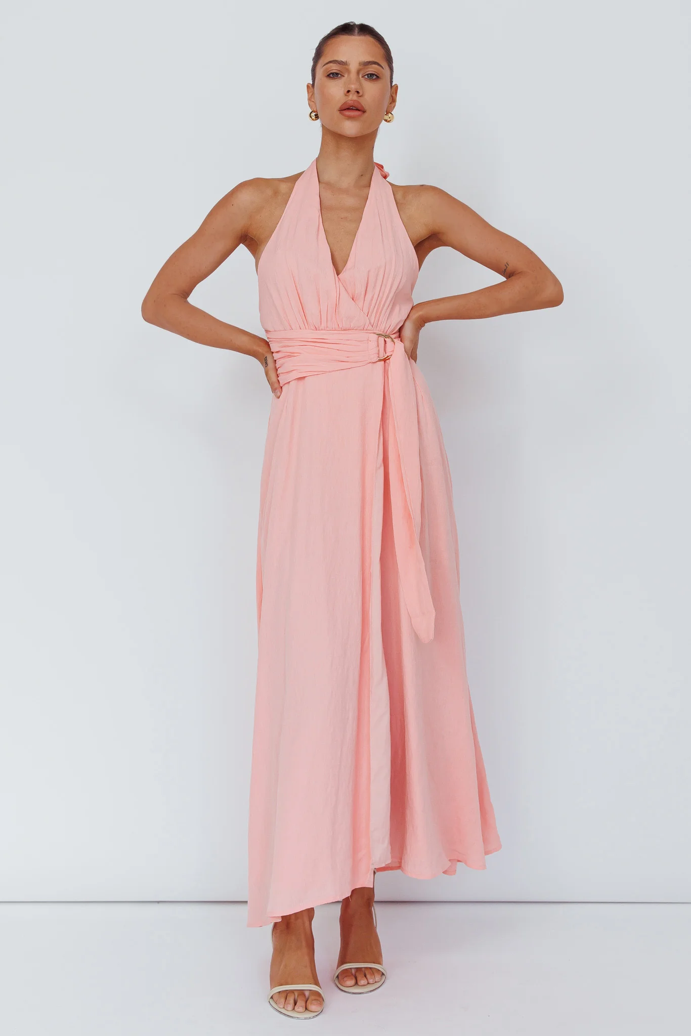 Spring Feels Halterneck Belt Maxi Dress Peach - Image 3