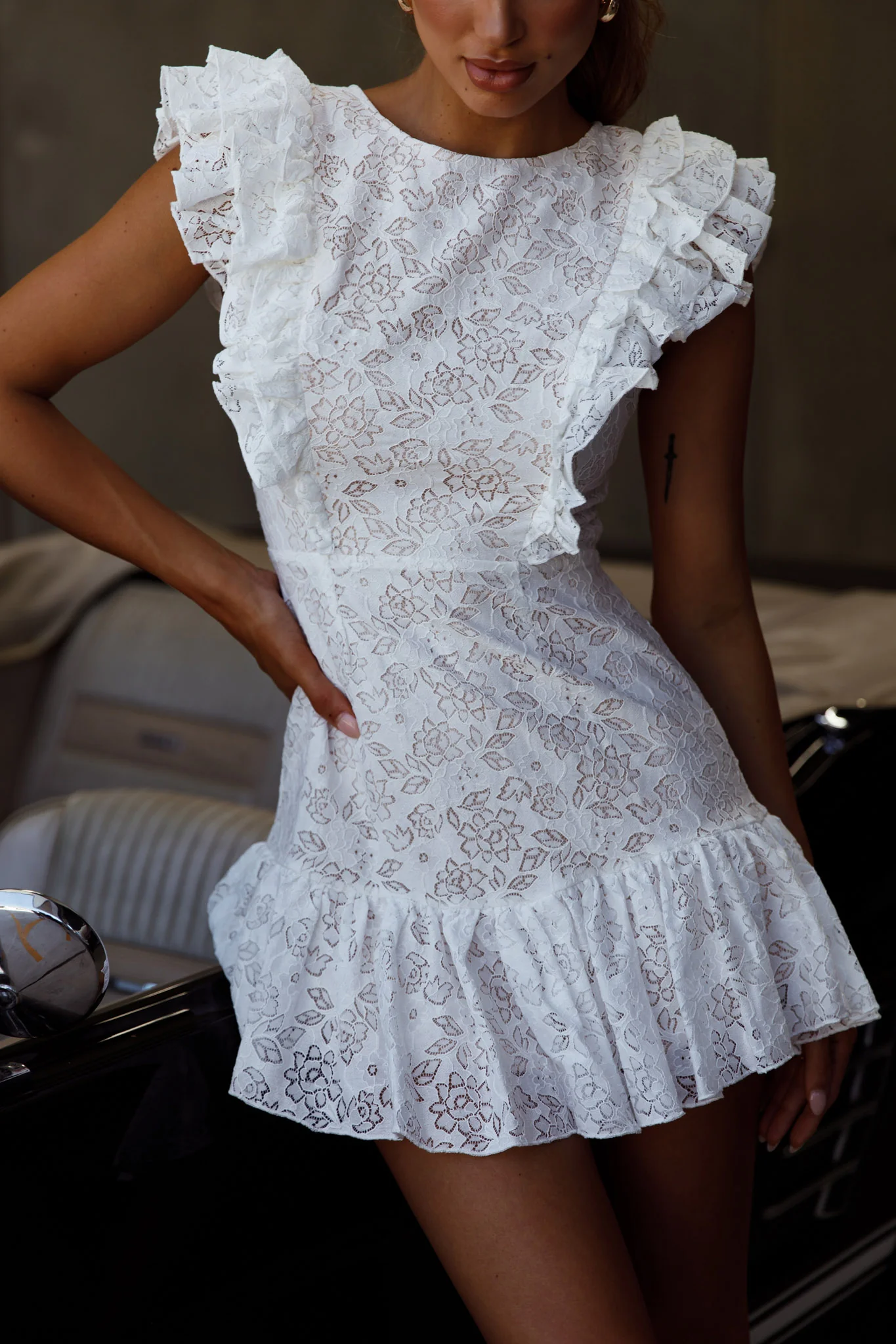 Spring Fling Frill Trim Lace Dress White - Image 4