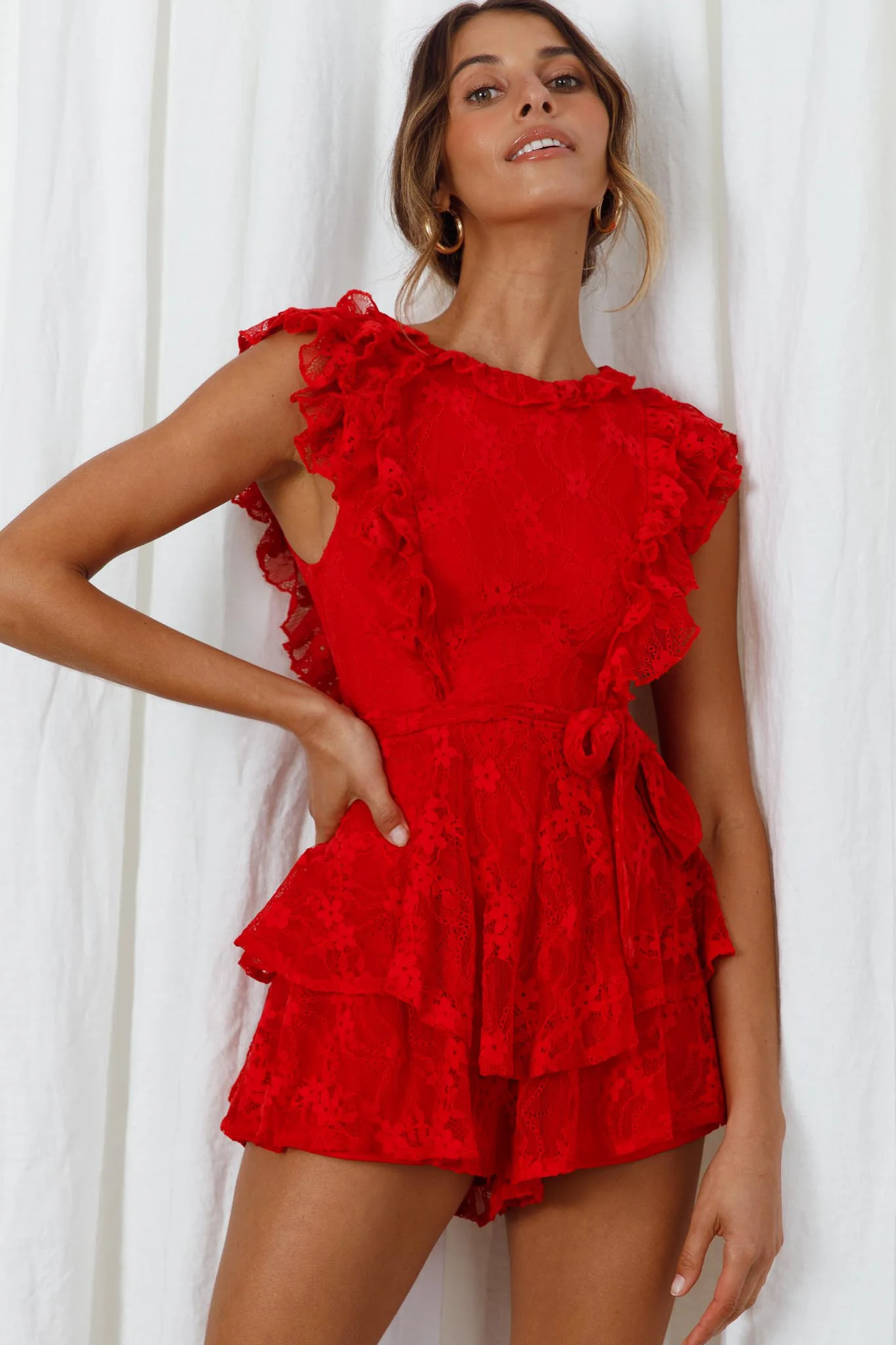 Spring Fling Frill Trim Waist Tie Lace Romper Red - Image 7