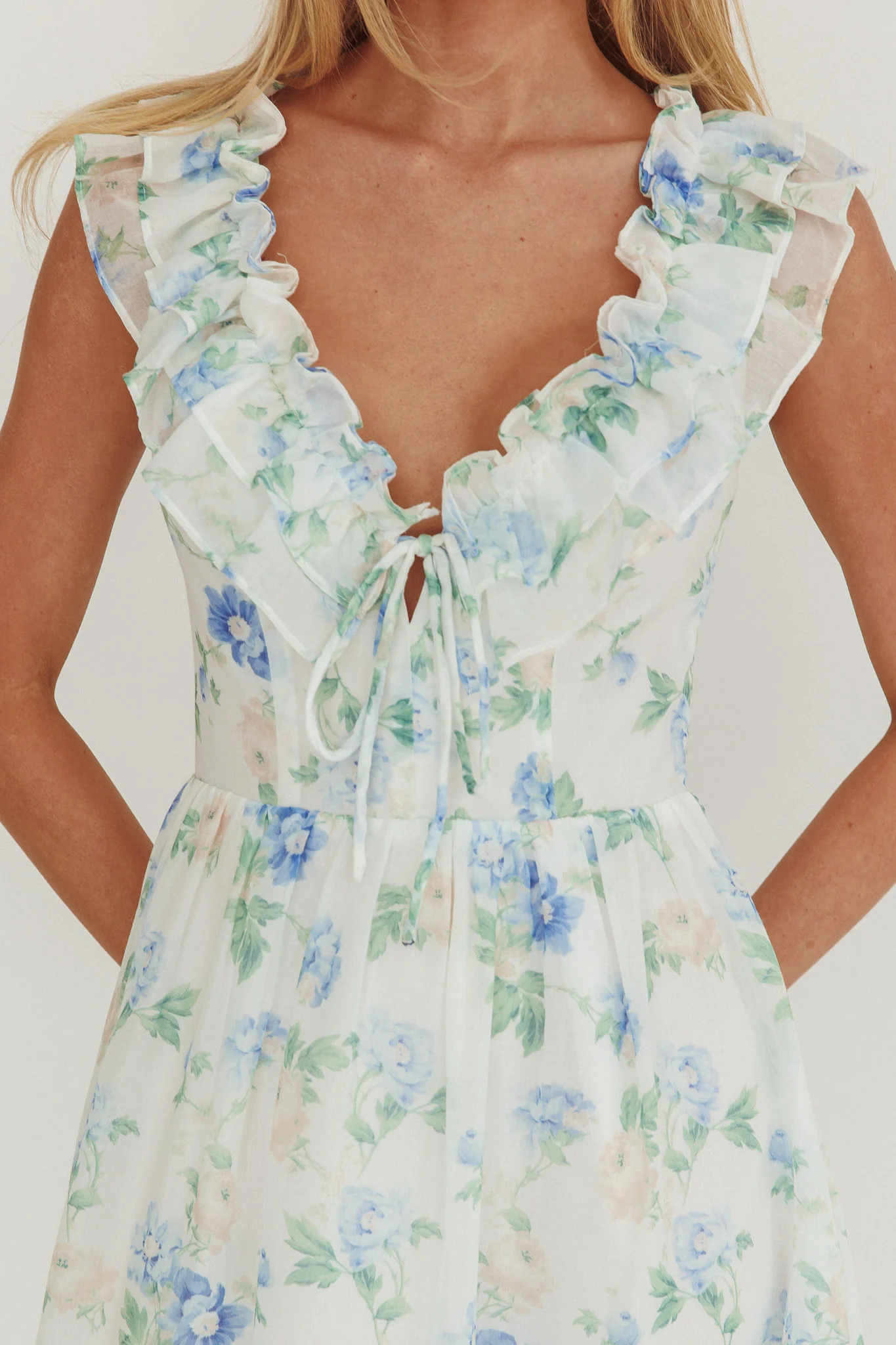 Spring Harvest Frill Neckline Maxi Dress Floral Blue - Image 3
