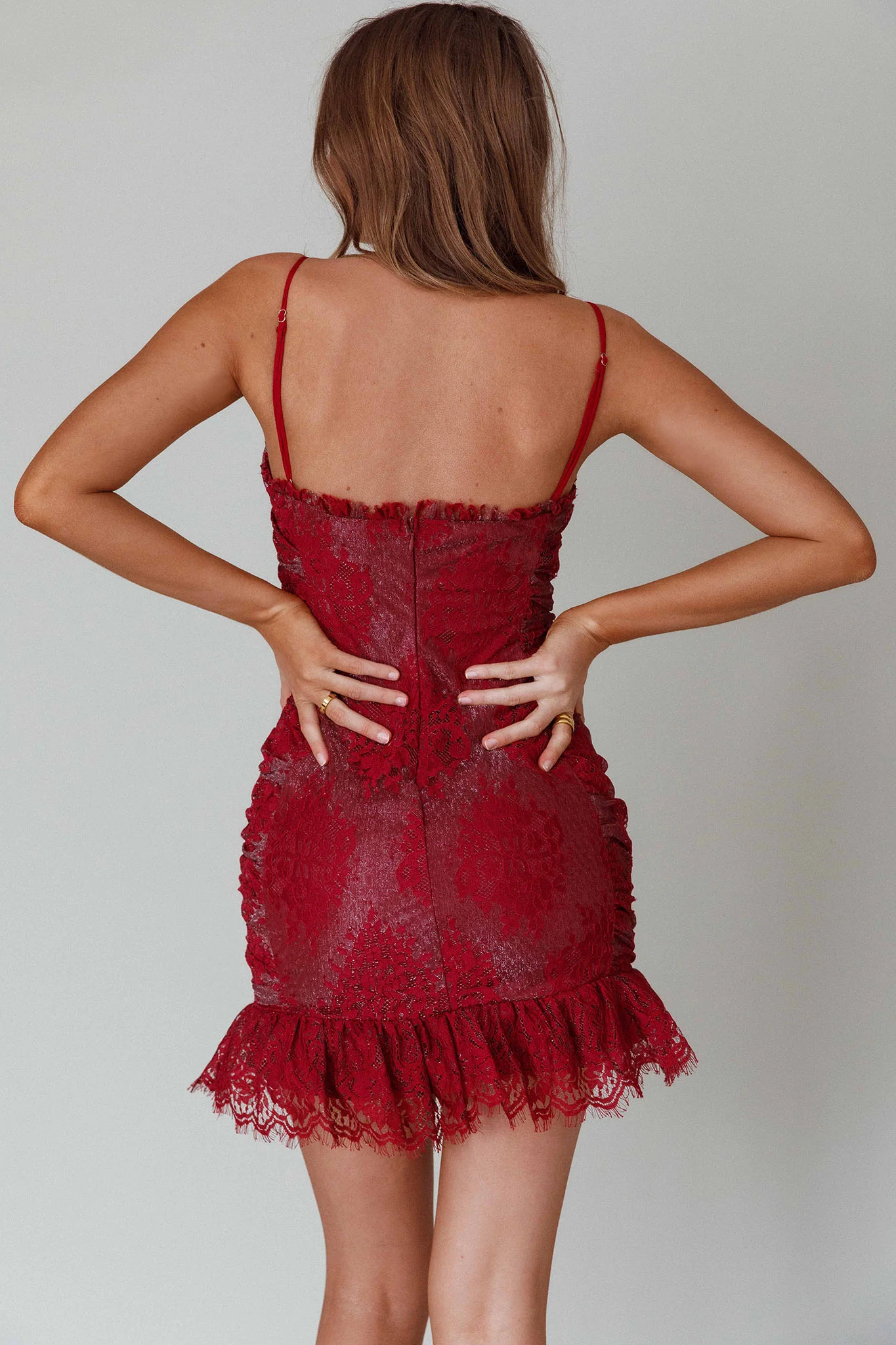 St Tropez Cami Strap Frill Hem Lace Mini Dress Wine - Image 2