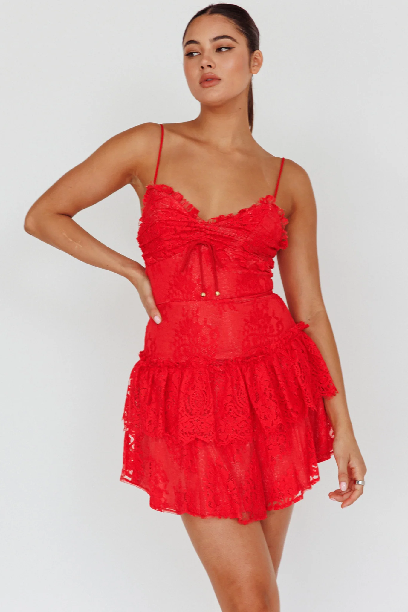St Tropez Cami Strap Frill Trim Lace Mini Dress Red - Image 5