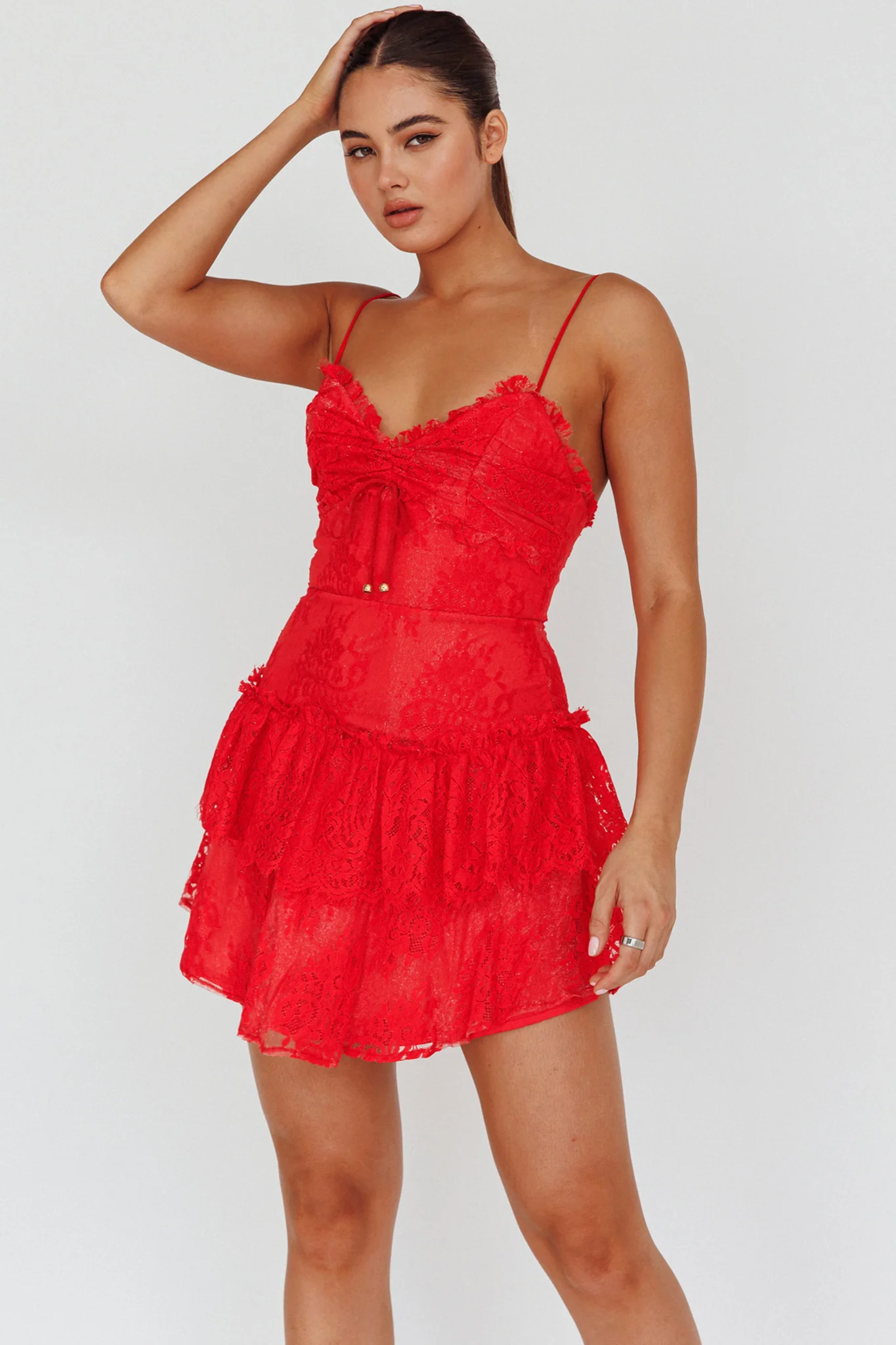 St Tropez Cami Strap Frill Trim Lace Mini Dress Red - Image 6
