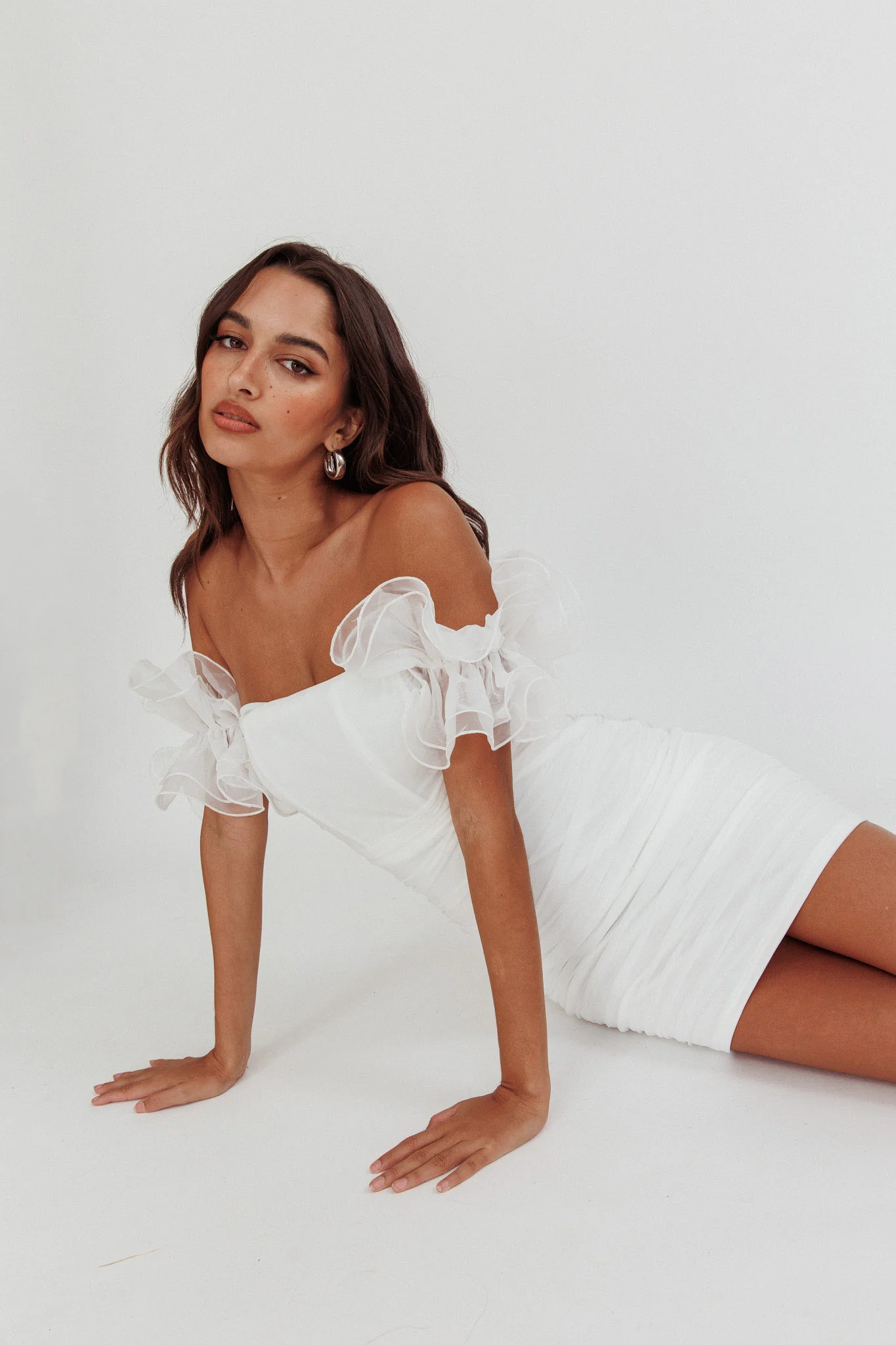 Star Dust Off-Shoulder Frill Sleeve Mini Dress White - Image 2