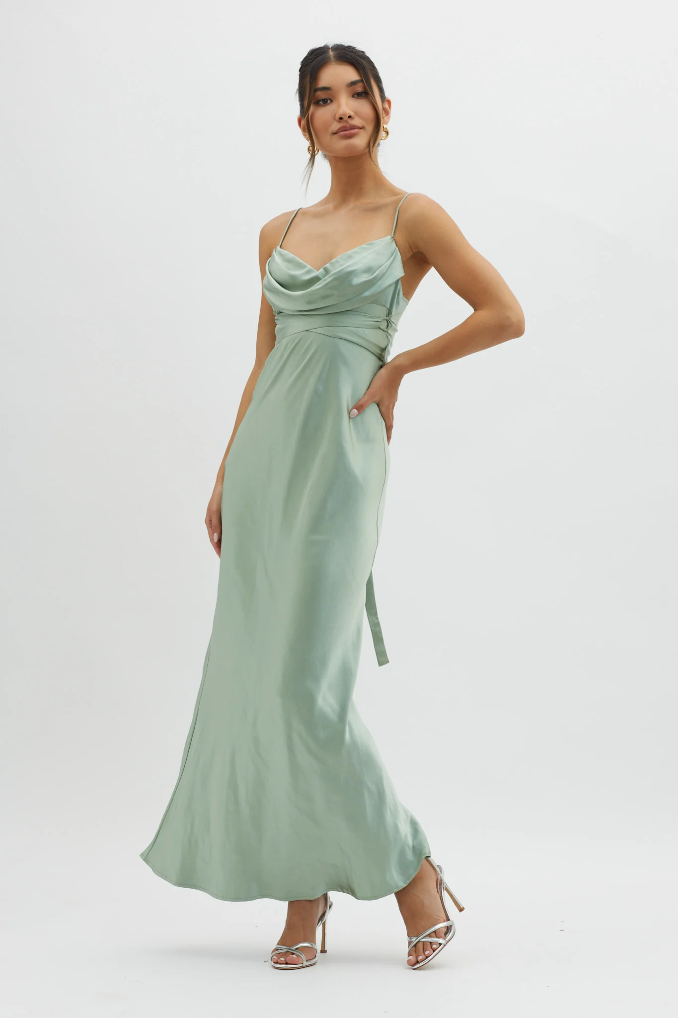 Starring Role Cowl Bust Waist Tie Dress Sage - Image 5