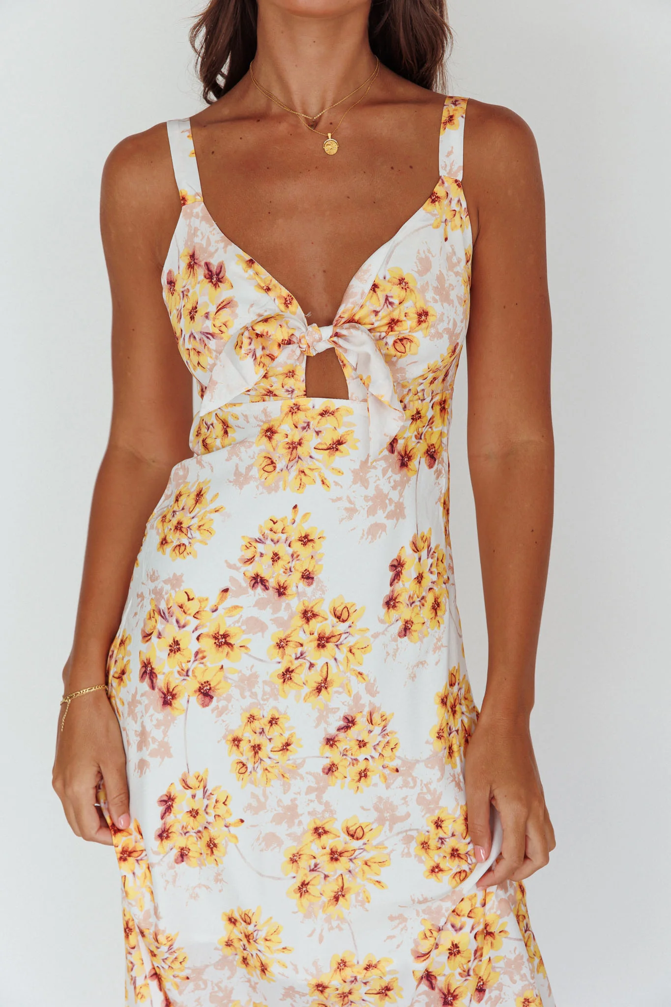 Starry Night Bust-Tie Midi Dress Floral Yellow - Image 4