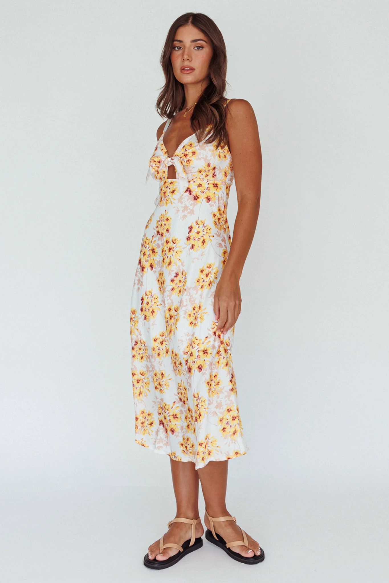 Starry Night Bust-Tie Midi Dress Floral Yellow - Image 6