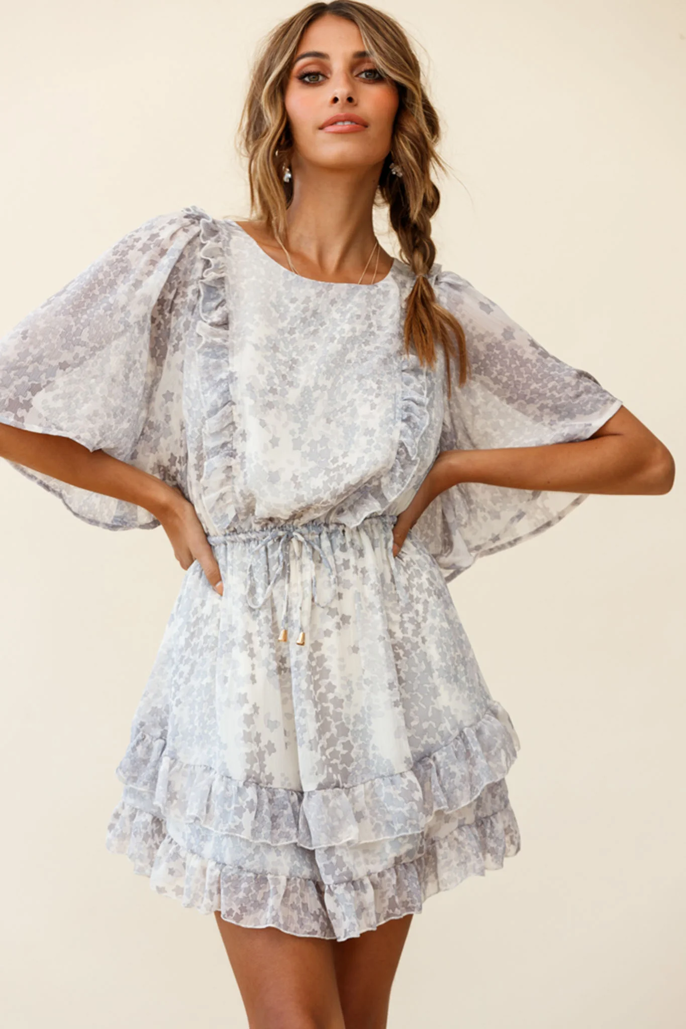 Stars Aligned Angel Sleeve Drawstring Waist Dress Star Print Grey - Image 5