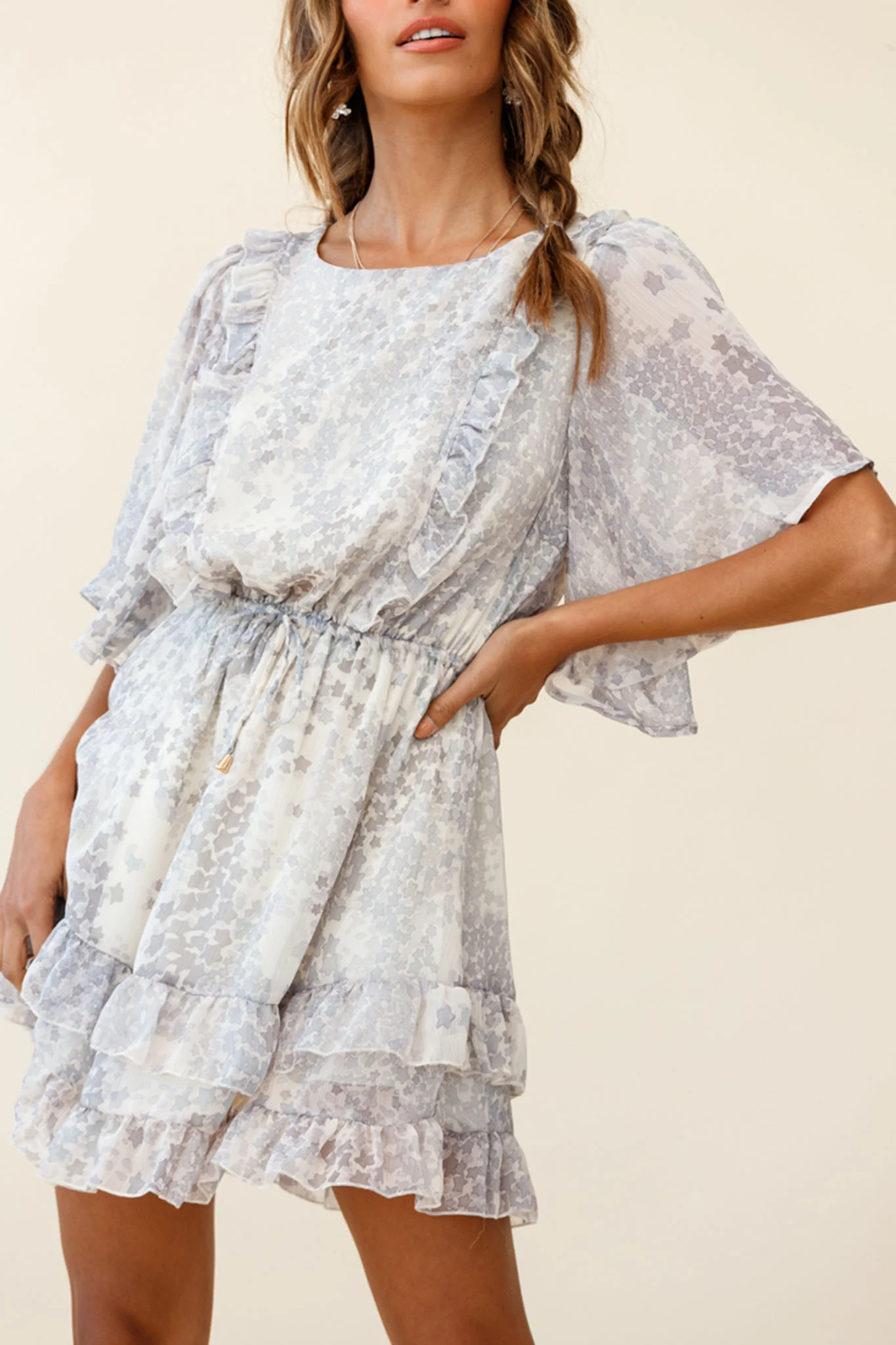 Stars Aligned Angel Sleeve Drawstring Waist Dress Star Print Grey - Image 6