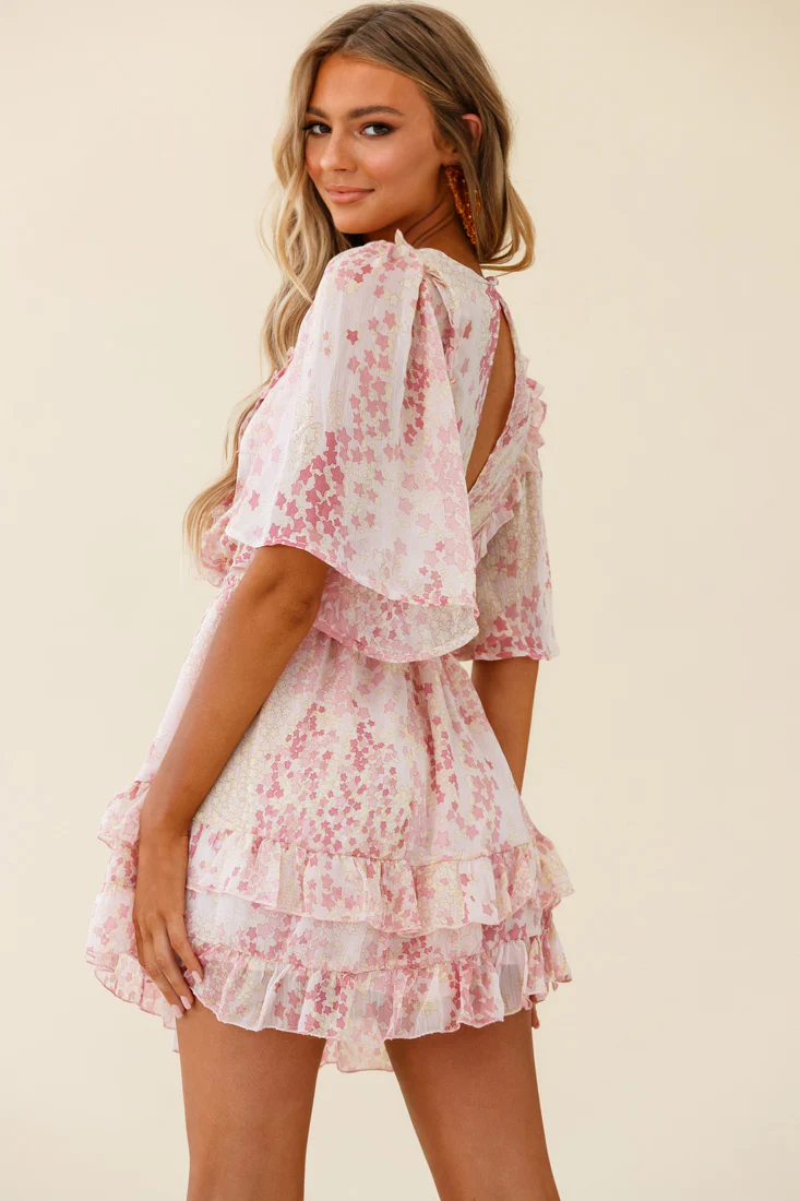 Stars Aligned Angel Sleeve Drawstring Waist Dress Star Print Pink - Image 2