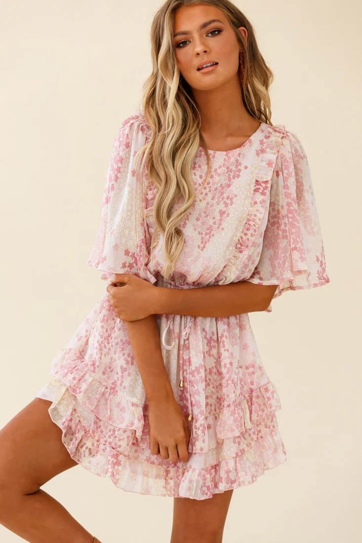 Stars Aligned Angel Sleeve Drawstring Waist Dress Star Print Pink - Image 6