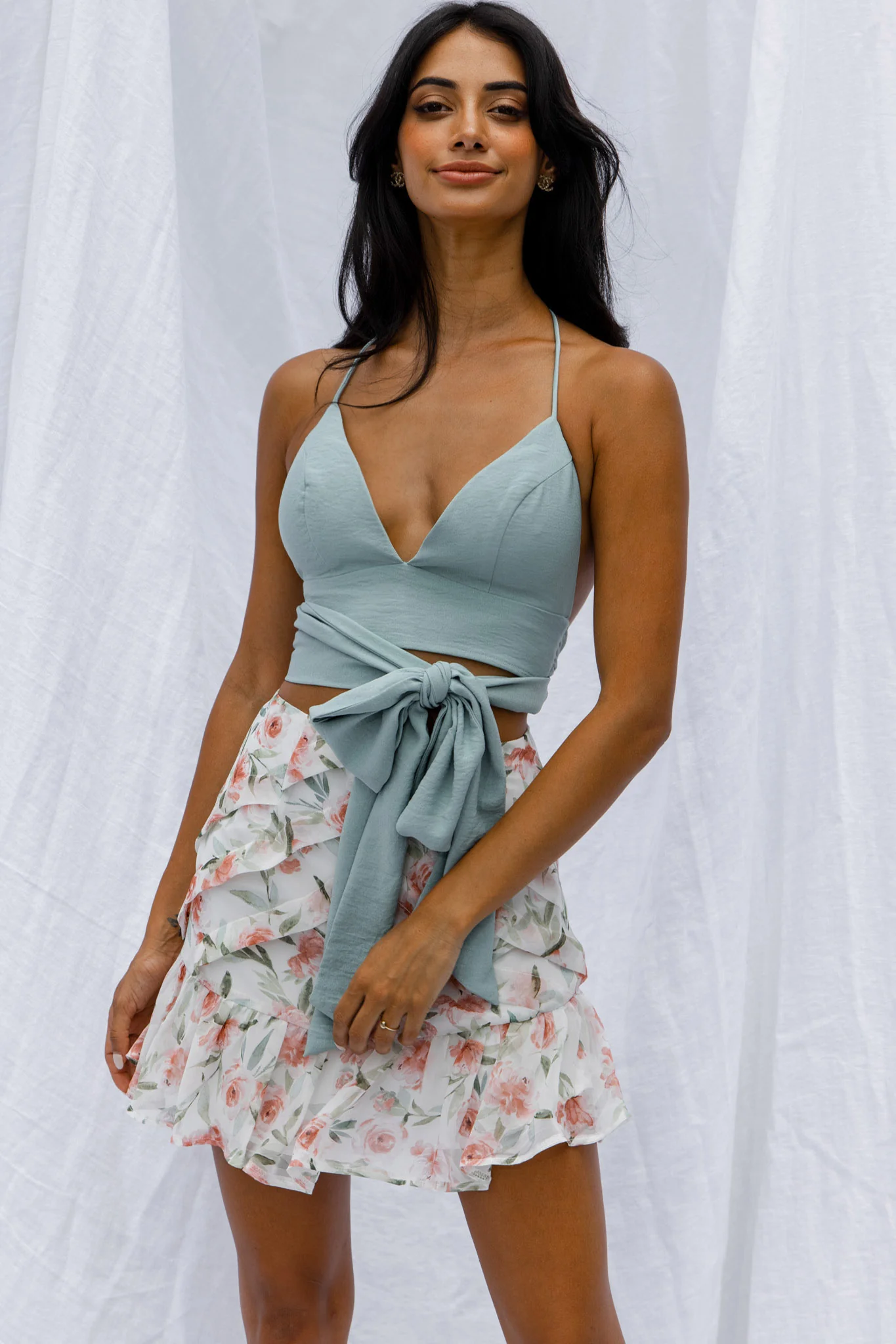 Starshine Halterneck Waist Tie Crop Top Hot Sage - Image 6