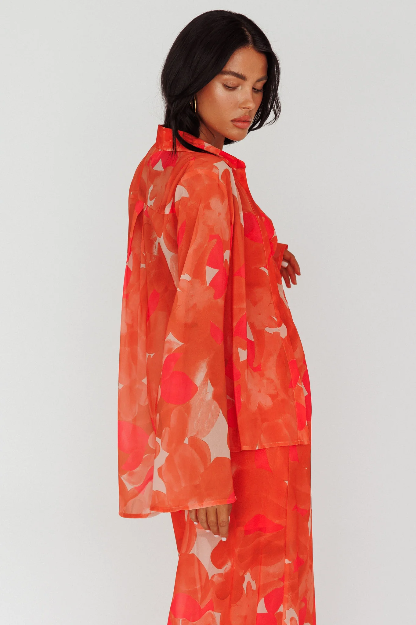 Stasi Flared Cuff Long Sleeve Shirt Floral Orange - Image 2