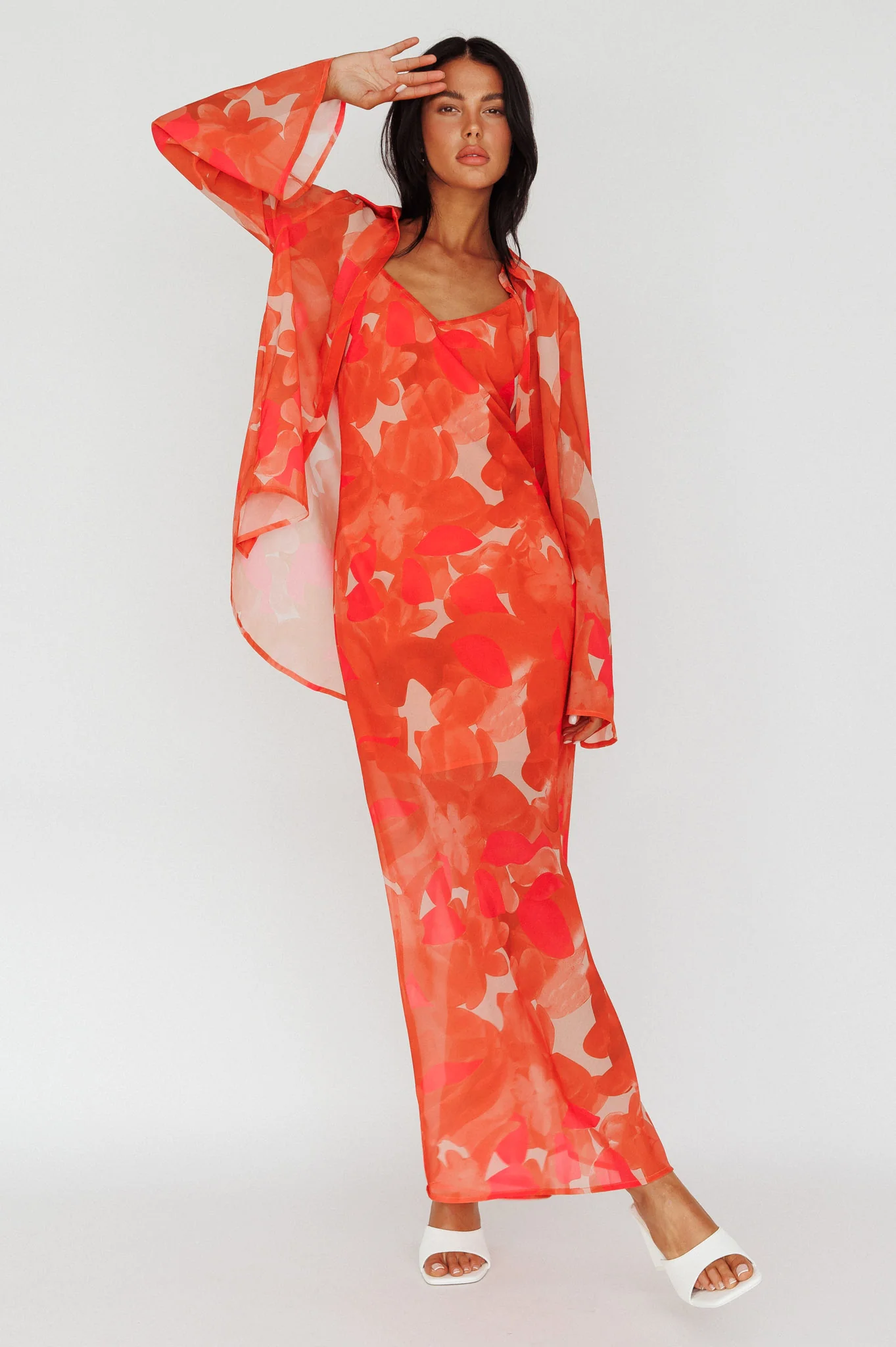 Stasi Flared Cuff Long Sleeve Shirt Floral Orange - Image 3