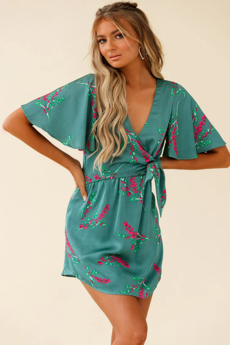 Stealing Hearts Flutter Sleeve Wrap Front Dress Floral Print Olive - Image 4