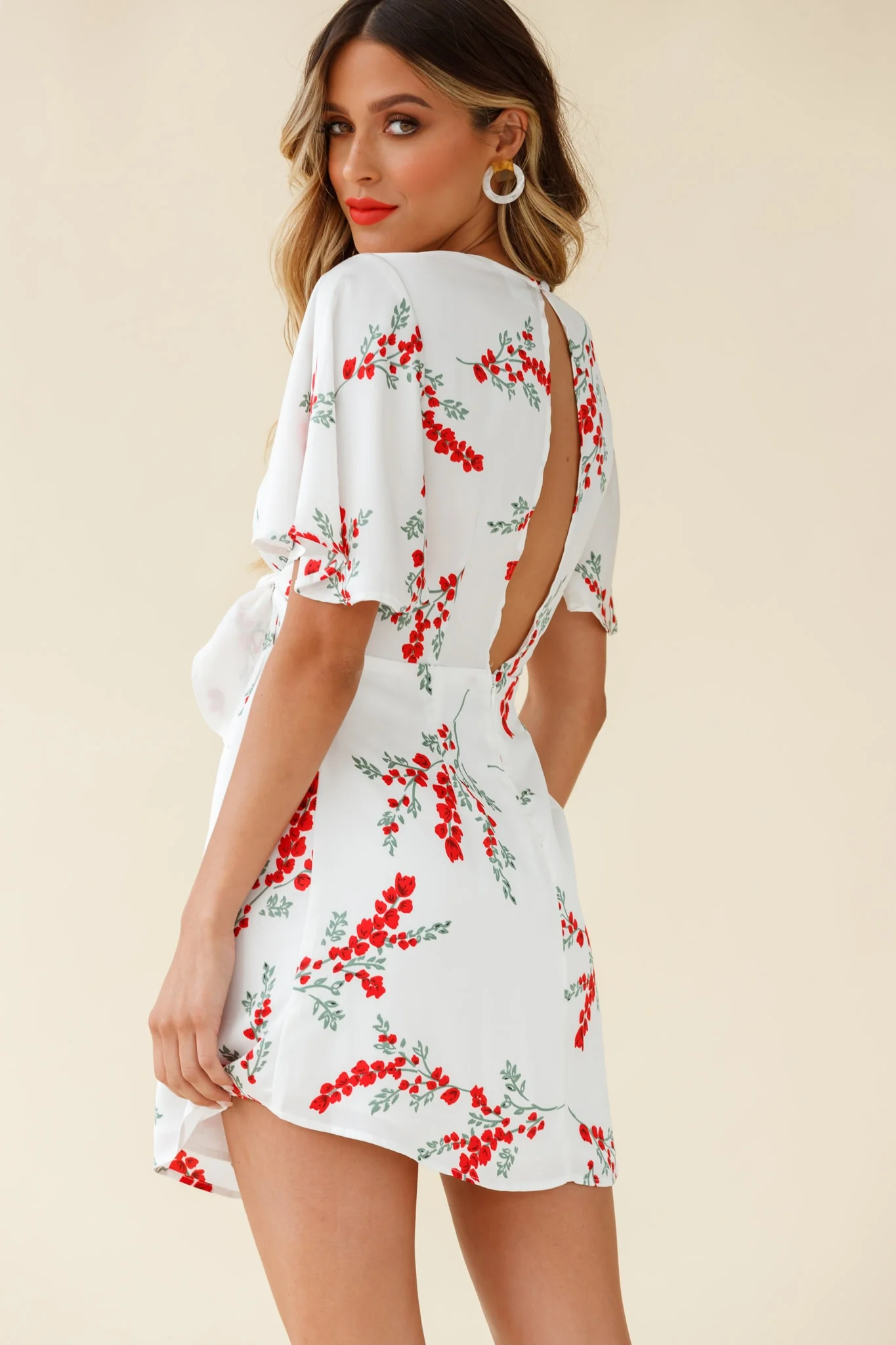 Stealing Hearts Flutter Sleeve Wrap Front Dress Floral Print White - Image 6
