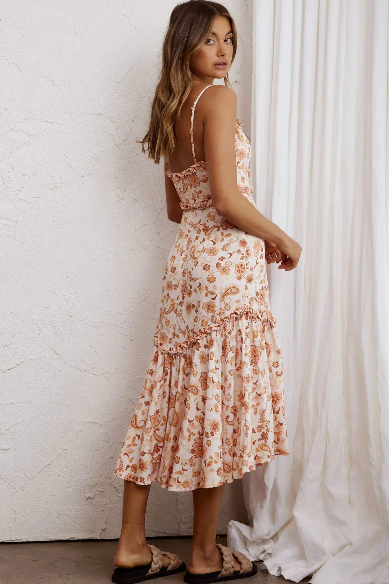 Stealing Kisses Frill Trim Midi Dress Paisley Beige Multi - Image 2