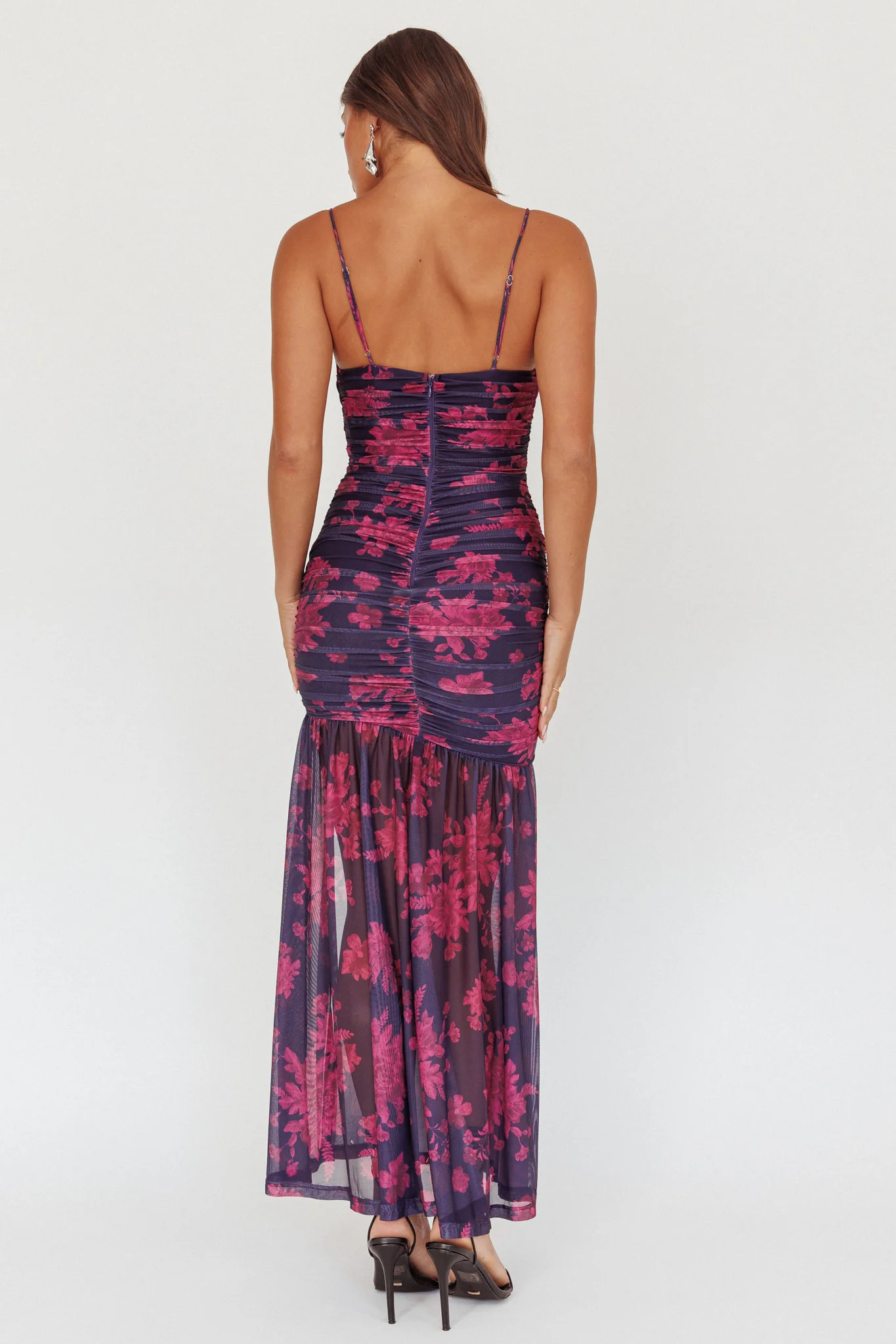 Stole The Show Ruched Mesh Maxi Dress Floral Grape - Image 3