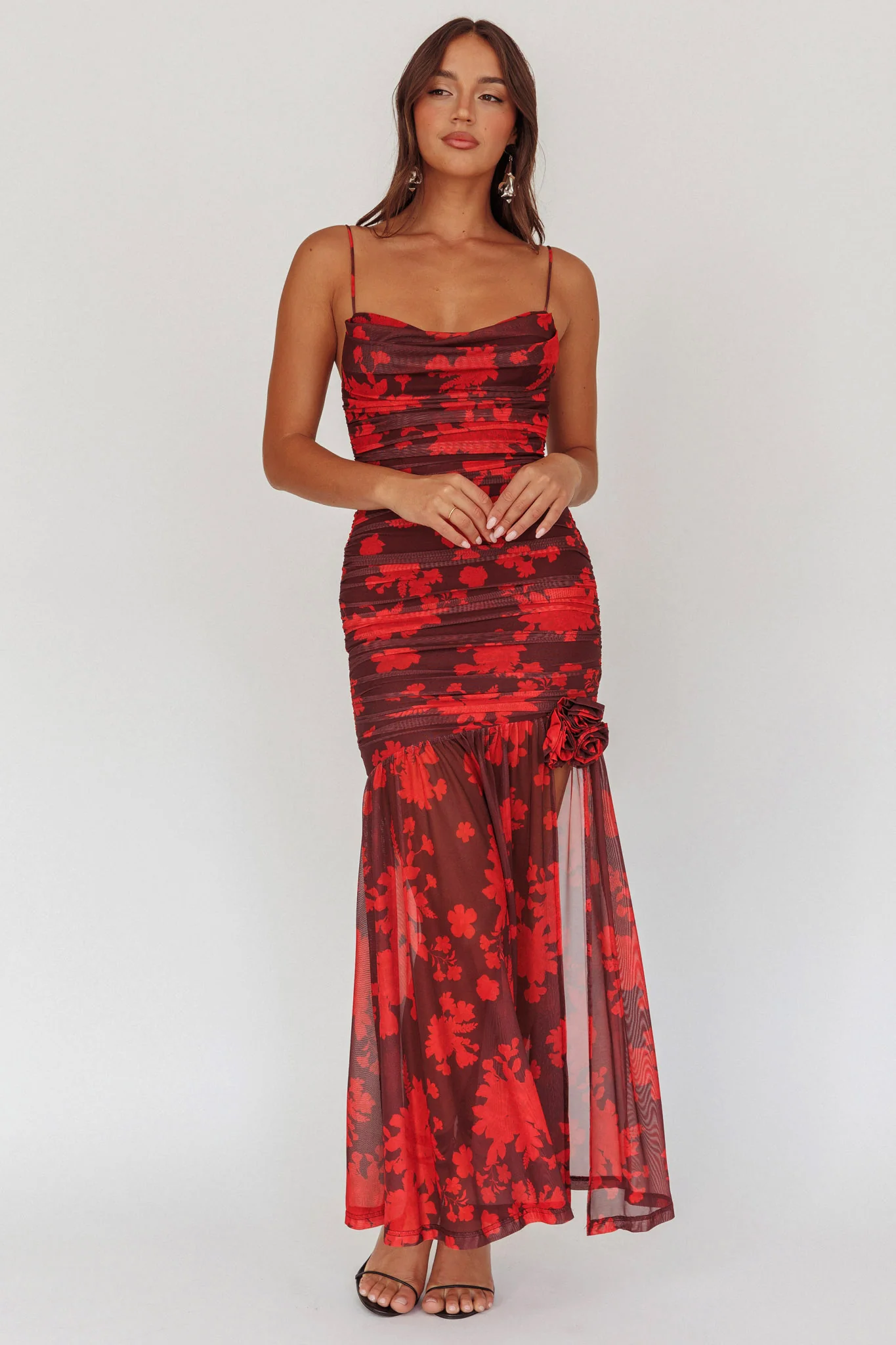 Stole The Show Ruched Mesh Maxi Dress Floral Red - Image 5