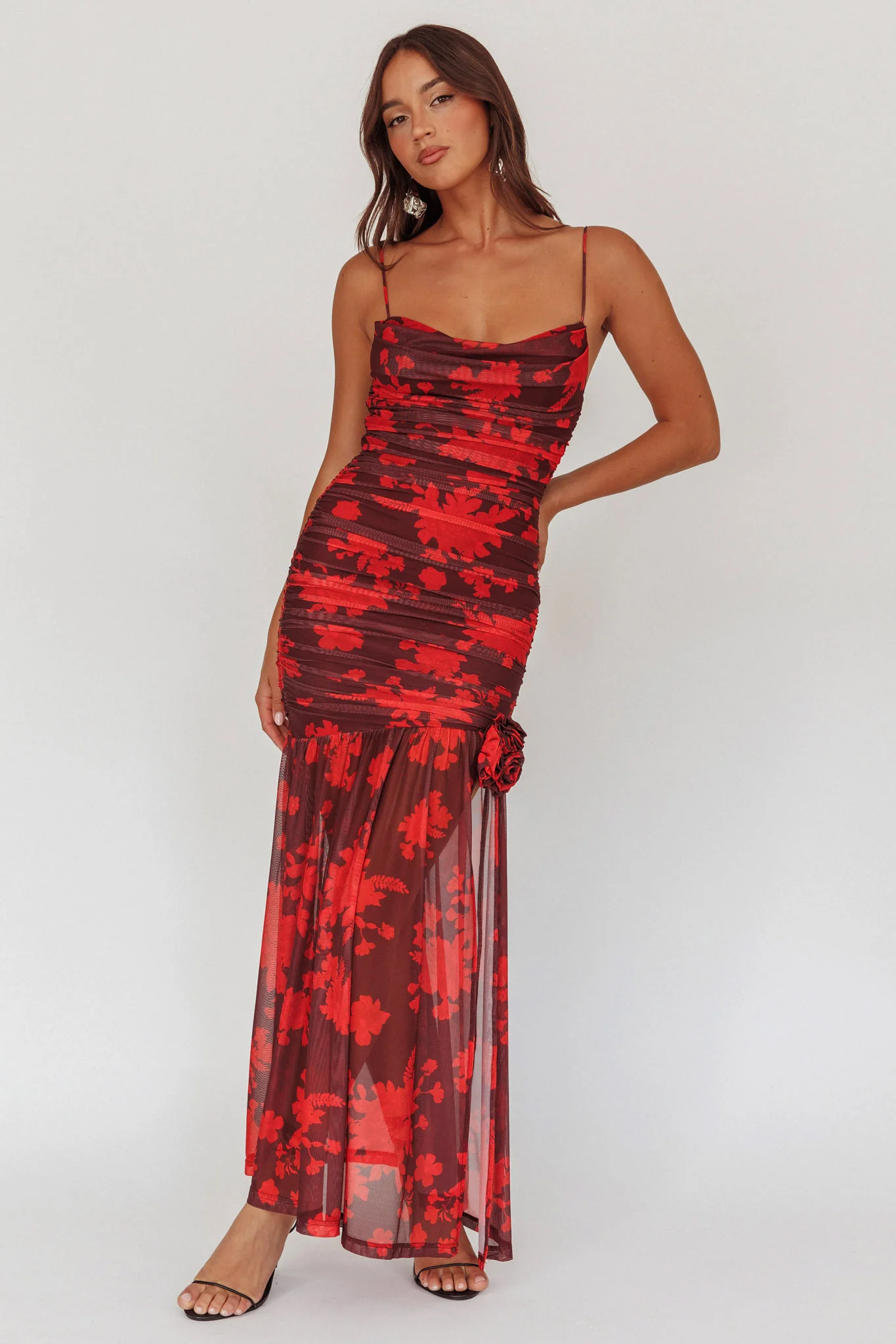 Stole The Show Ruched Mesh Maxi Dress Floral Red - Image 6
