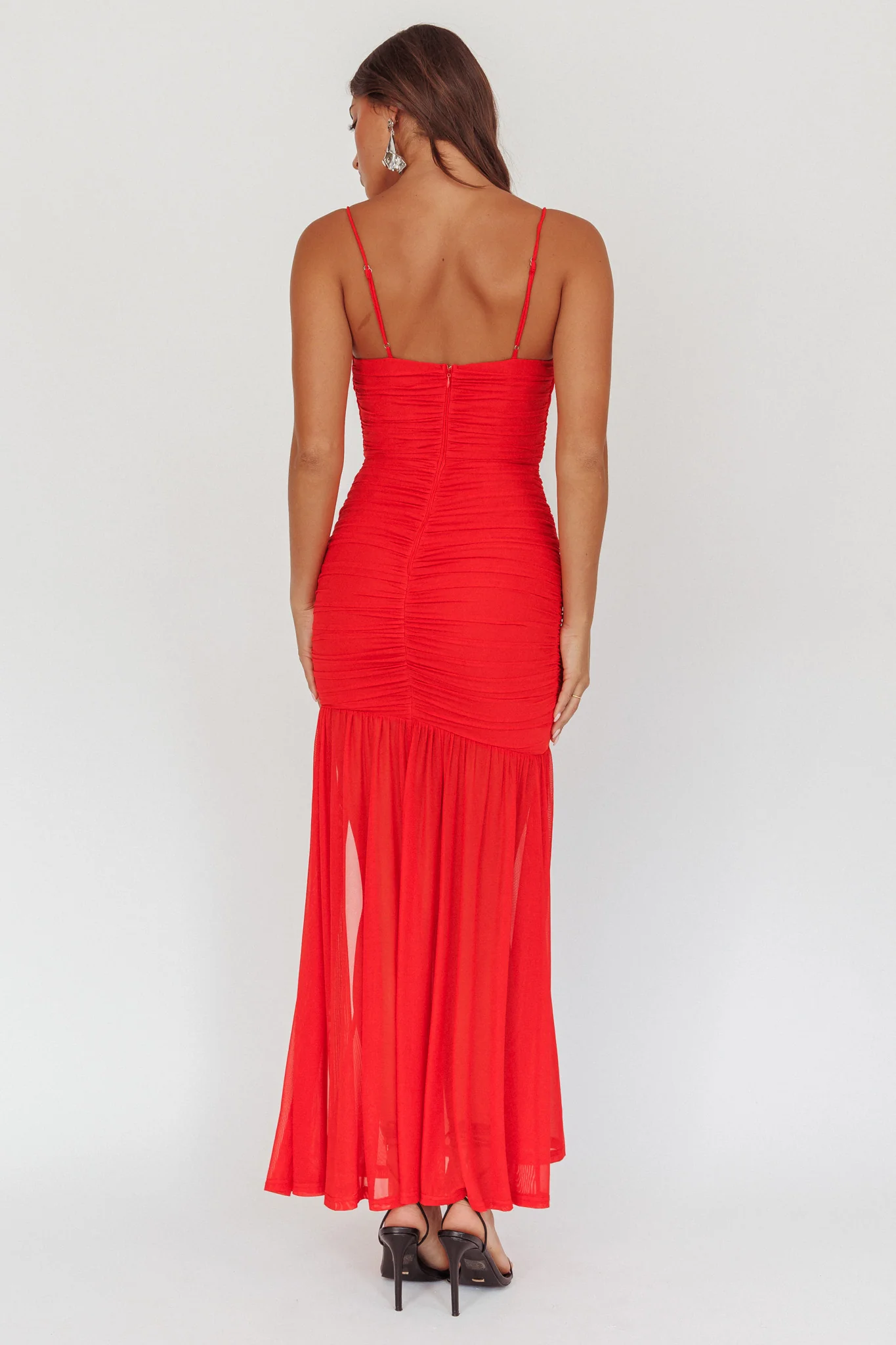 Stole The Show Ruched Mesh Maxi Dress Red - Image 2