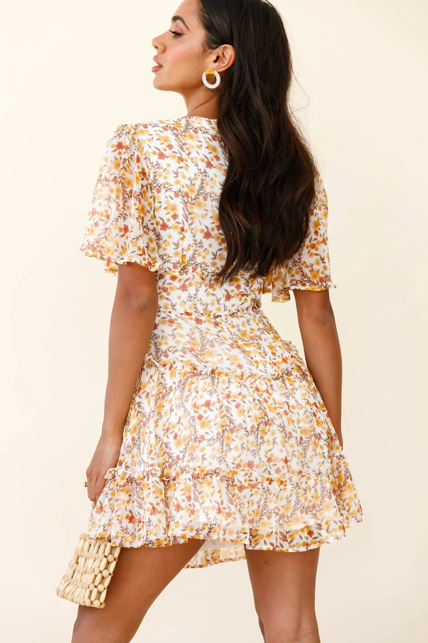 Stolen Moments Angel Sleeve Ruffle Dress Floral Print Yellow Multi - Image 3