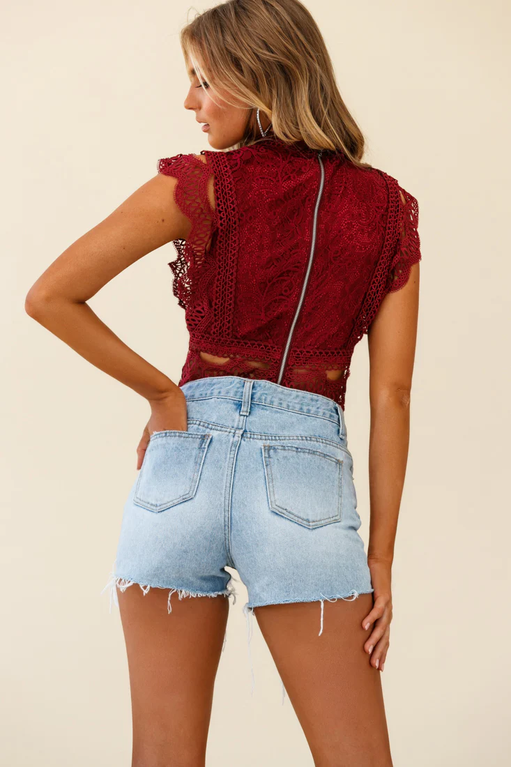 Straight Up High-Neck Lace Overlay Crop Top Wine - Image 2
