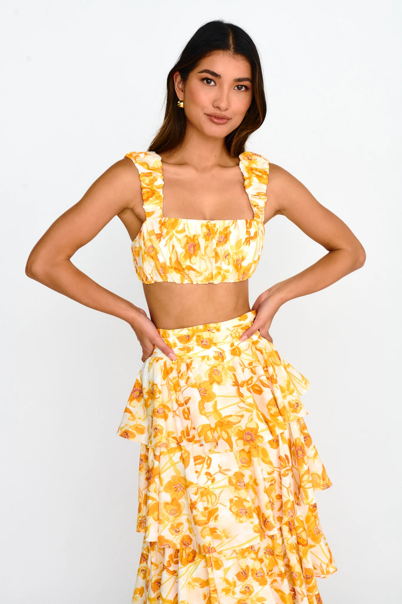 Suenito Gathered Crop Top Floral Orange - Image 5