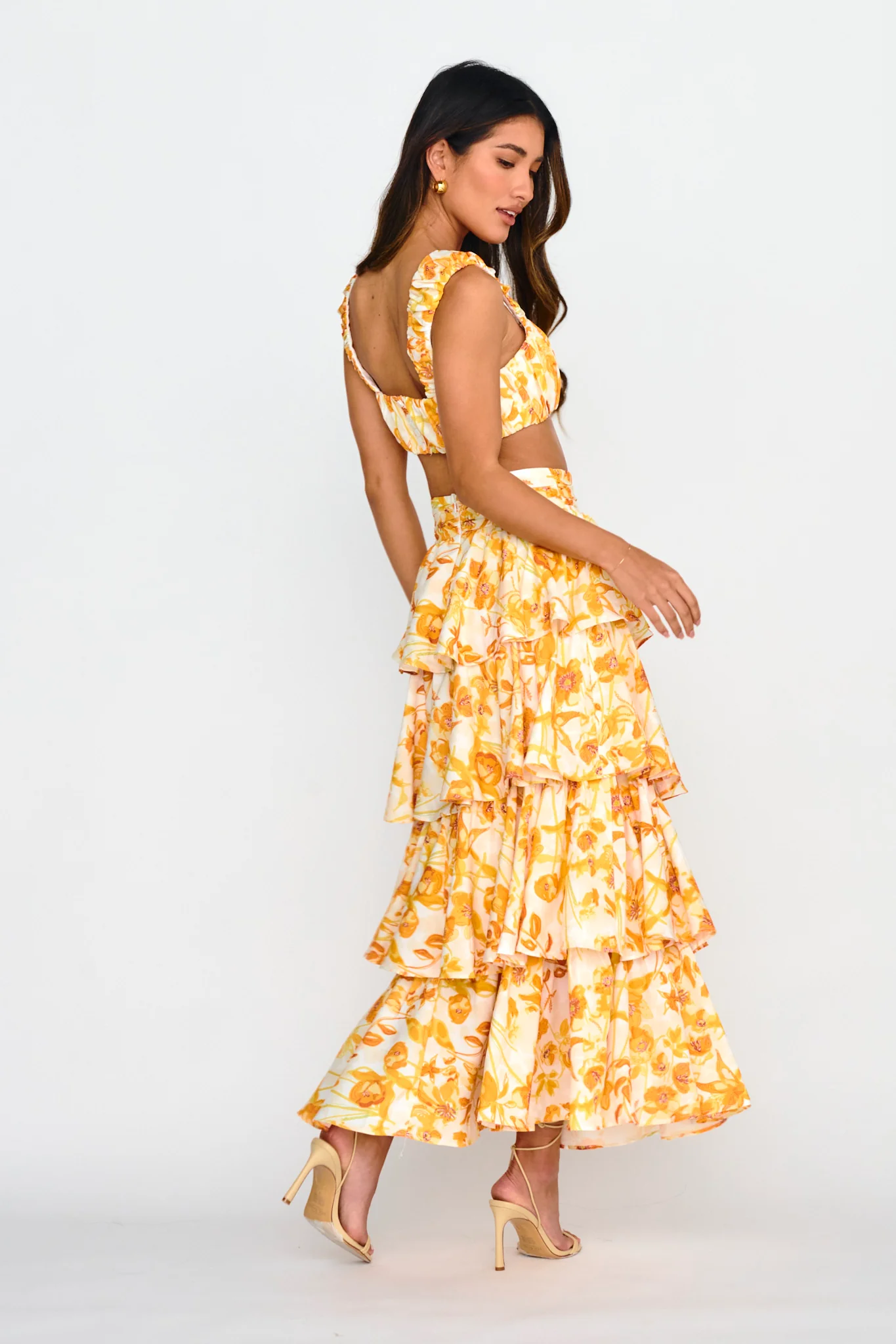 Suenito Tiered Frill Maxi Skirt Floral Orange - Image 2