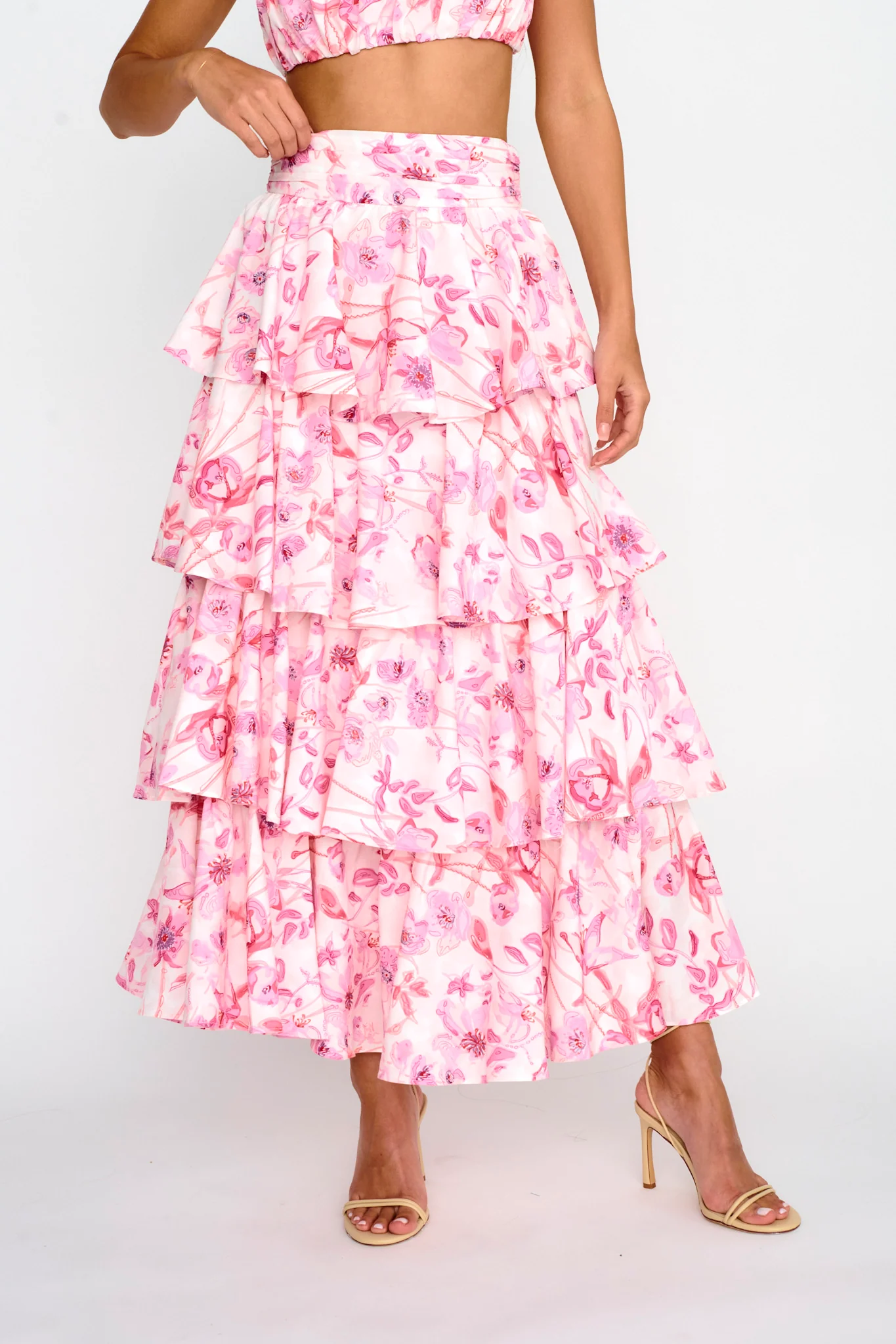 Suenito Tiered Frill Maxi Skirt Floral Pink - Image 4