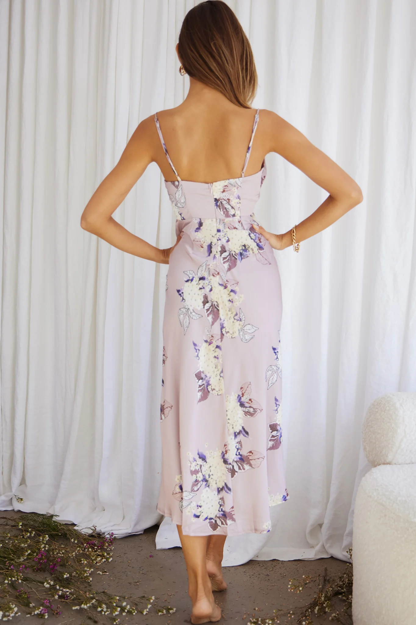 Suki Front Split Midi Dress Hydrangea Print Pink - Image 2