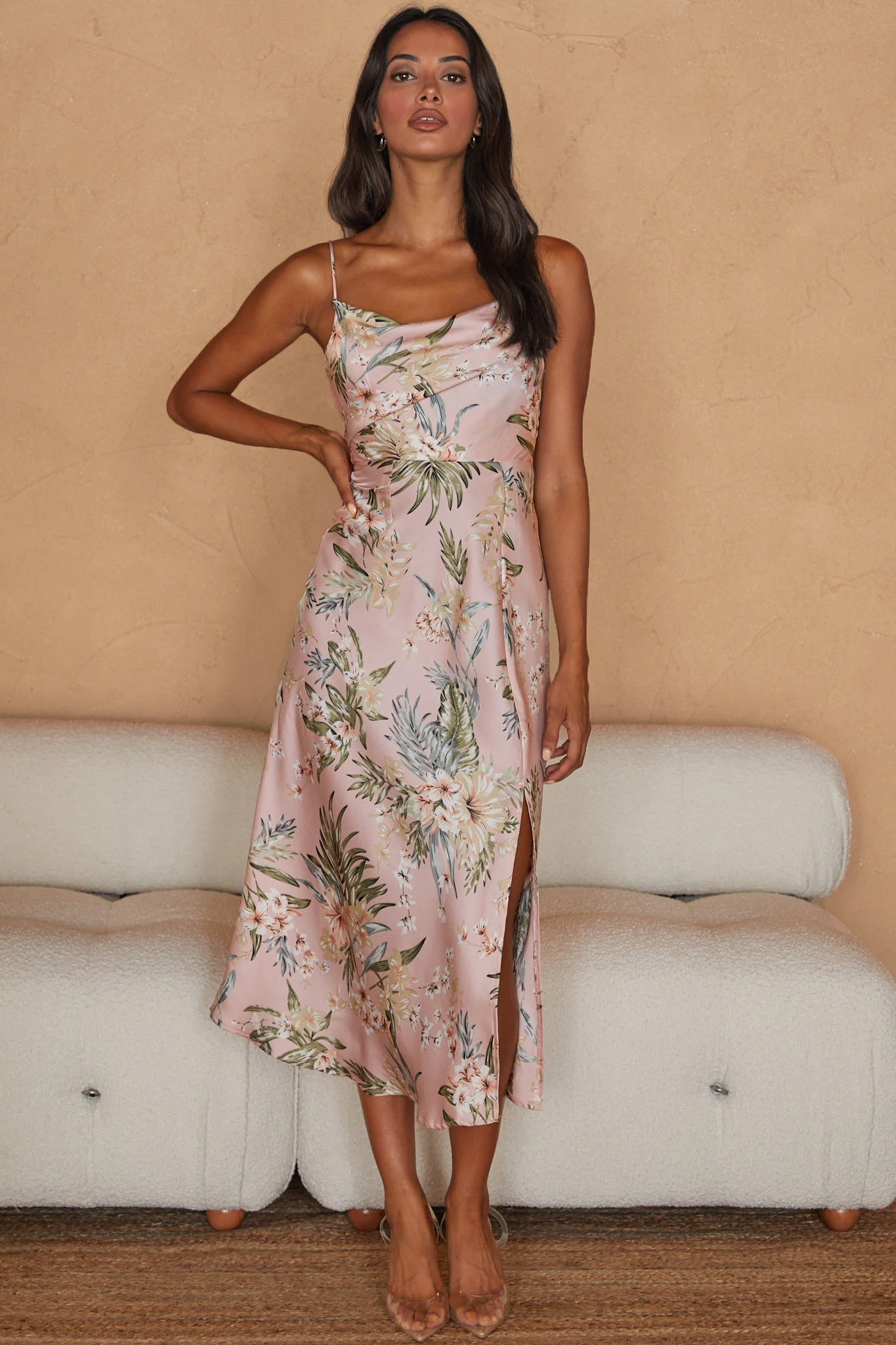 Suki Front Split Midi Dress Tropical Floral Print Pink - Image 5