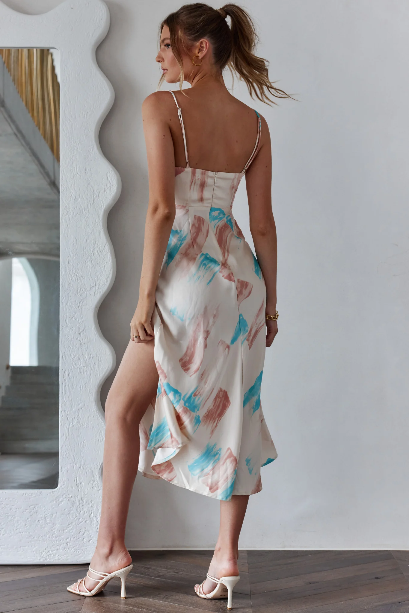 Suki Front Split Midi Dress Watercolor Paint Print Pink - Image 2