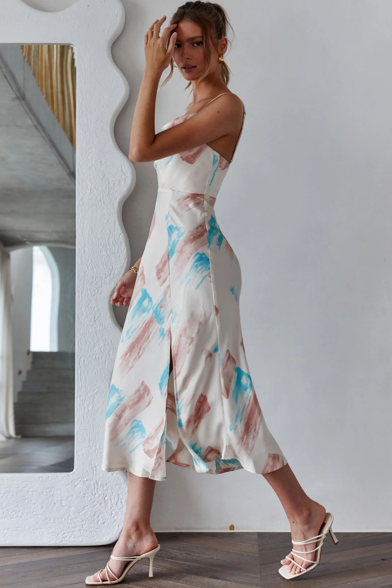 Suki Front Split Midi Dress Watercolor Paint Print Pink - Image 6