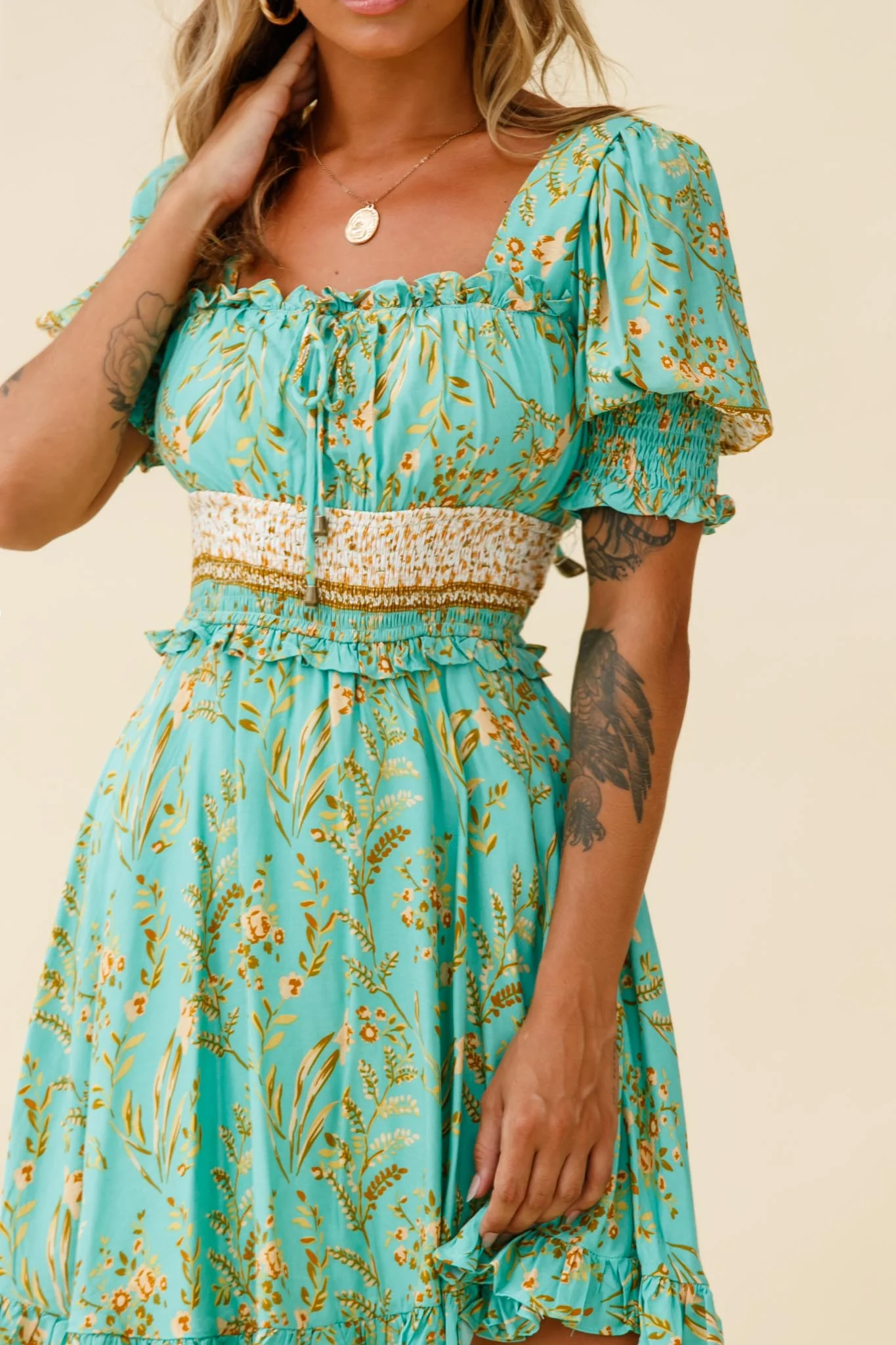 Summer In Paris Puff Sleeve Open Back Dress Botanical Print Mint - Image 4
