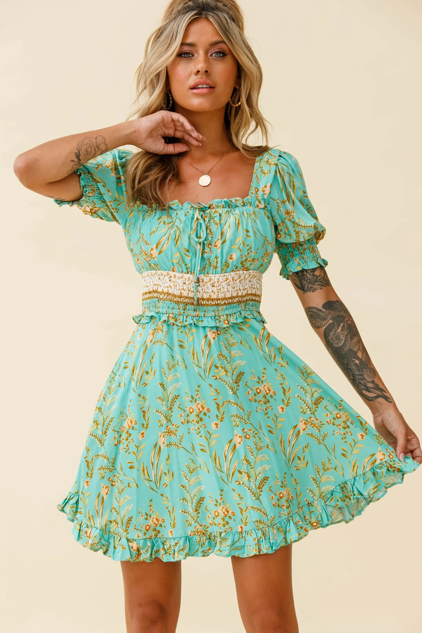 Summer In Paris Puff Sleeve Open Back Dress Botanical Print Mint - Image 5