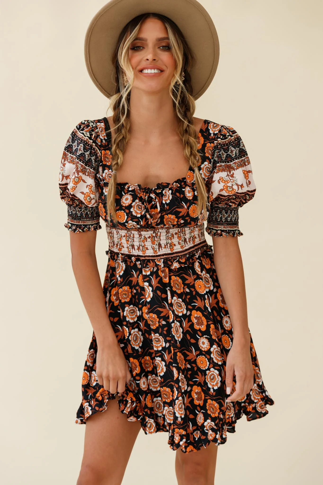 Summer In Paris Puff Sleeve Open Back Dress Floral Print Black Multi - Image 7