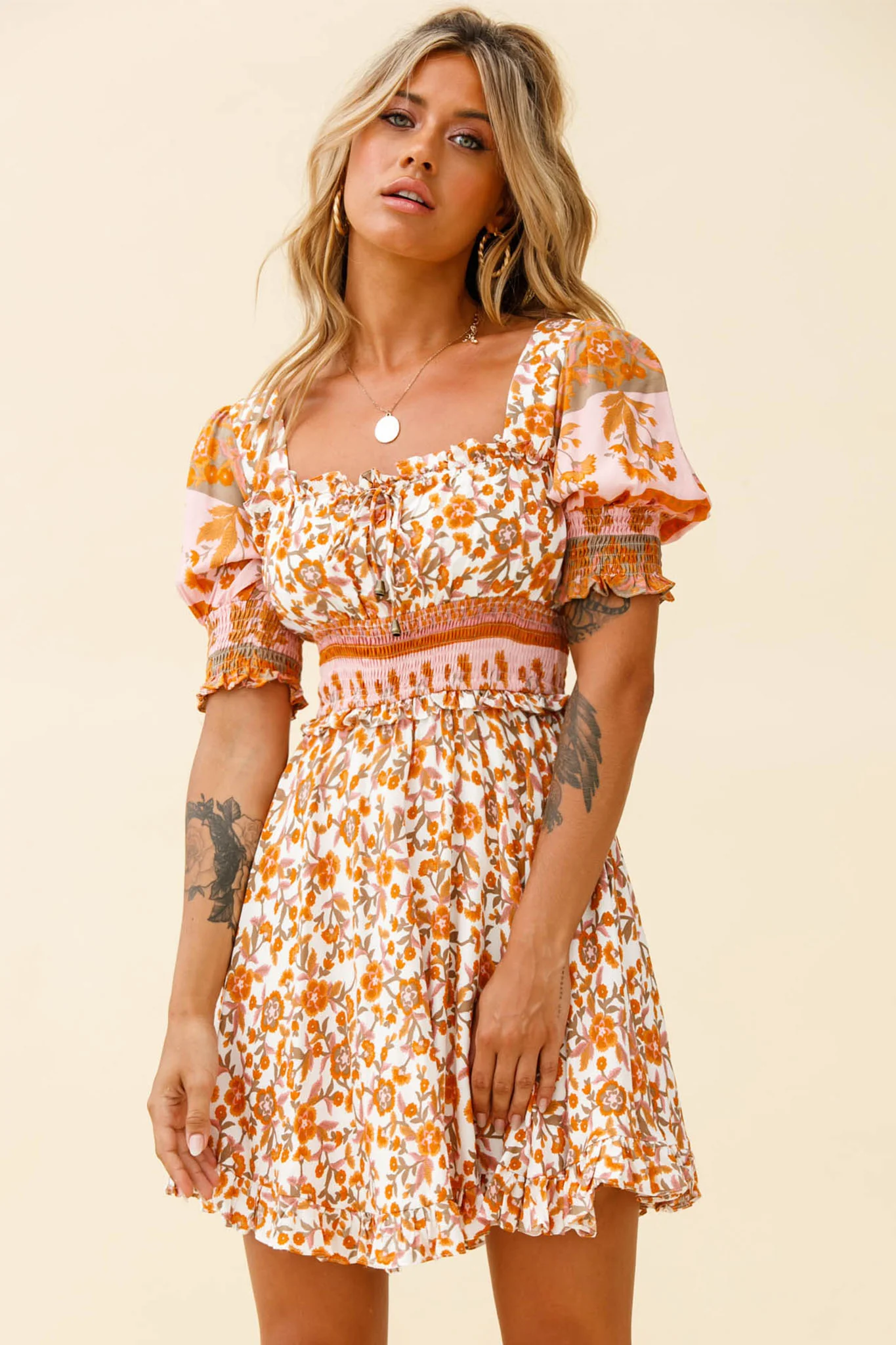 Summer In Paris Puff Sleeve Open Back Dress Floral Print White/Pink - Image 7