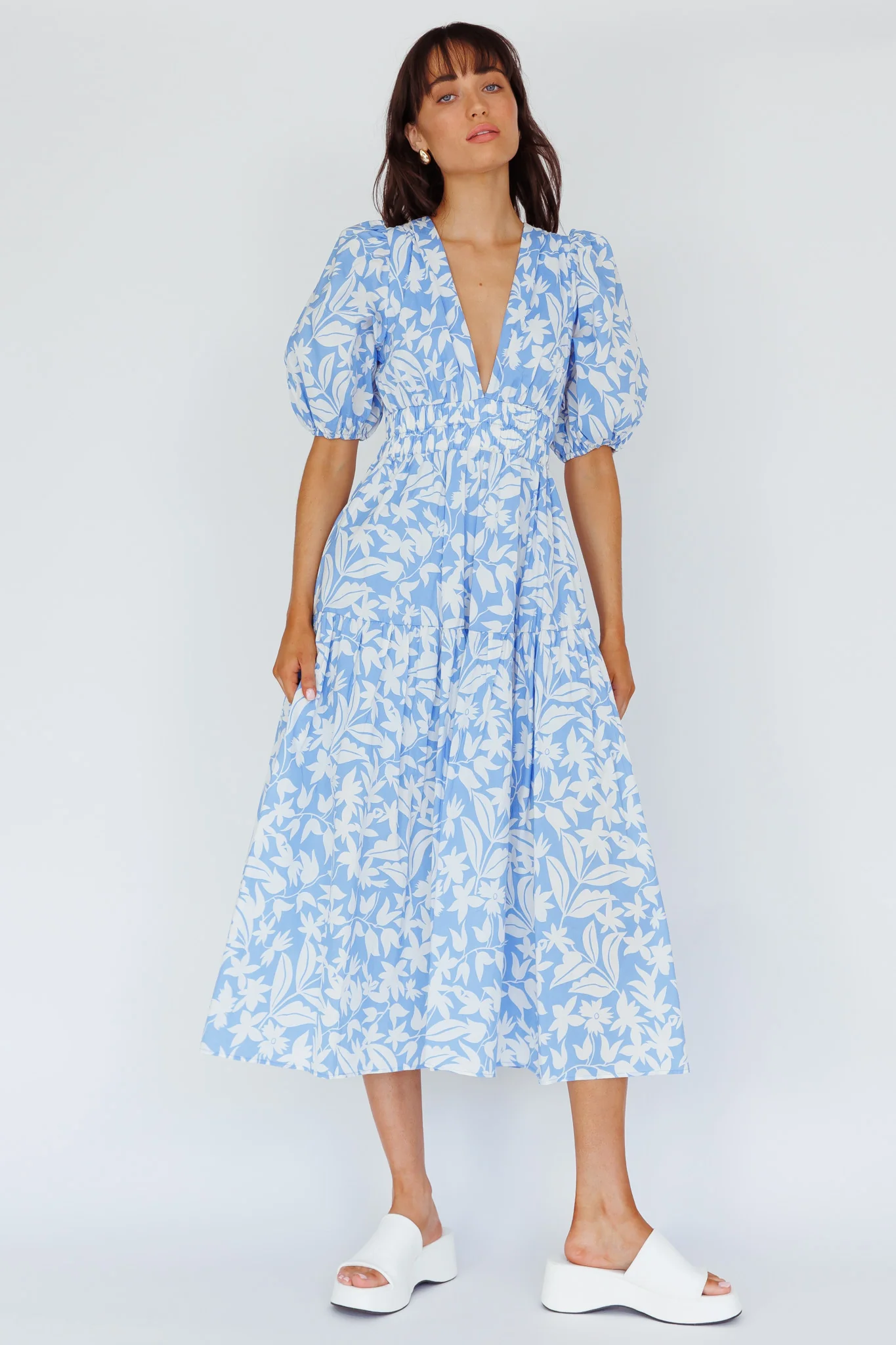 Summer Land V-Neckline Midi Dress Floral Blue - Image 3