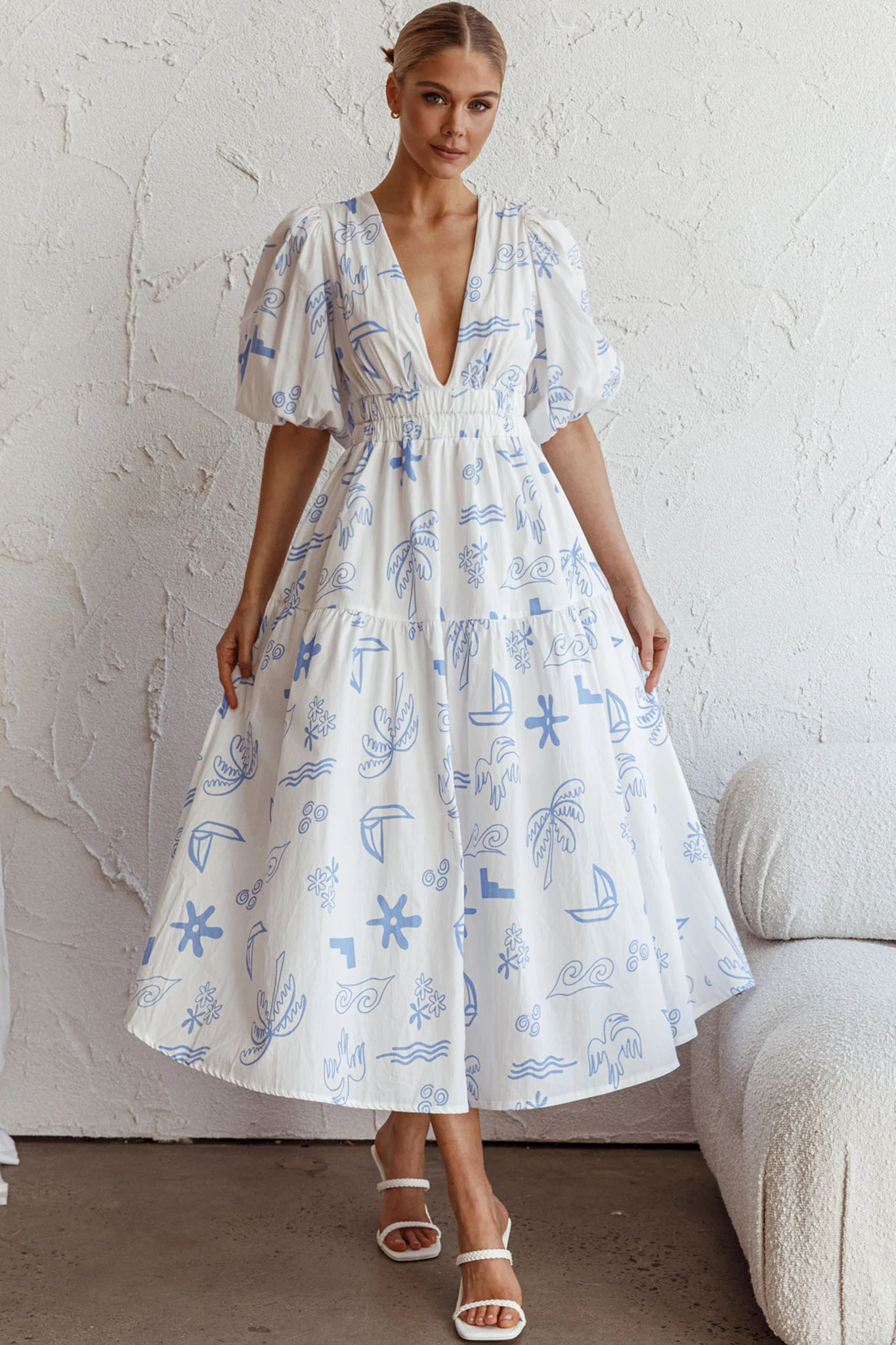 Summer Land V-Neckline Midi Dress Printed White - Image 9